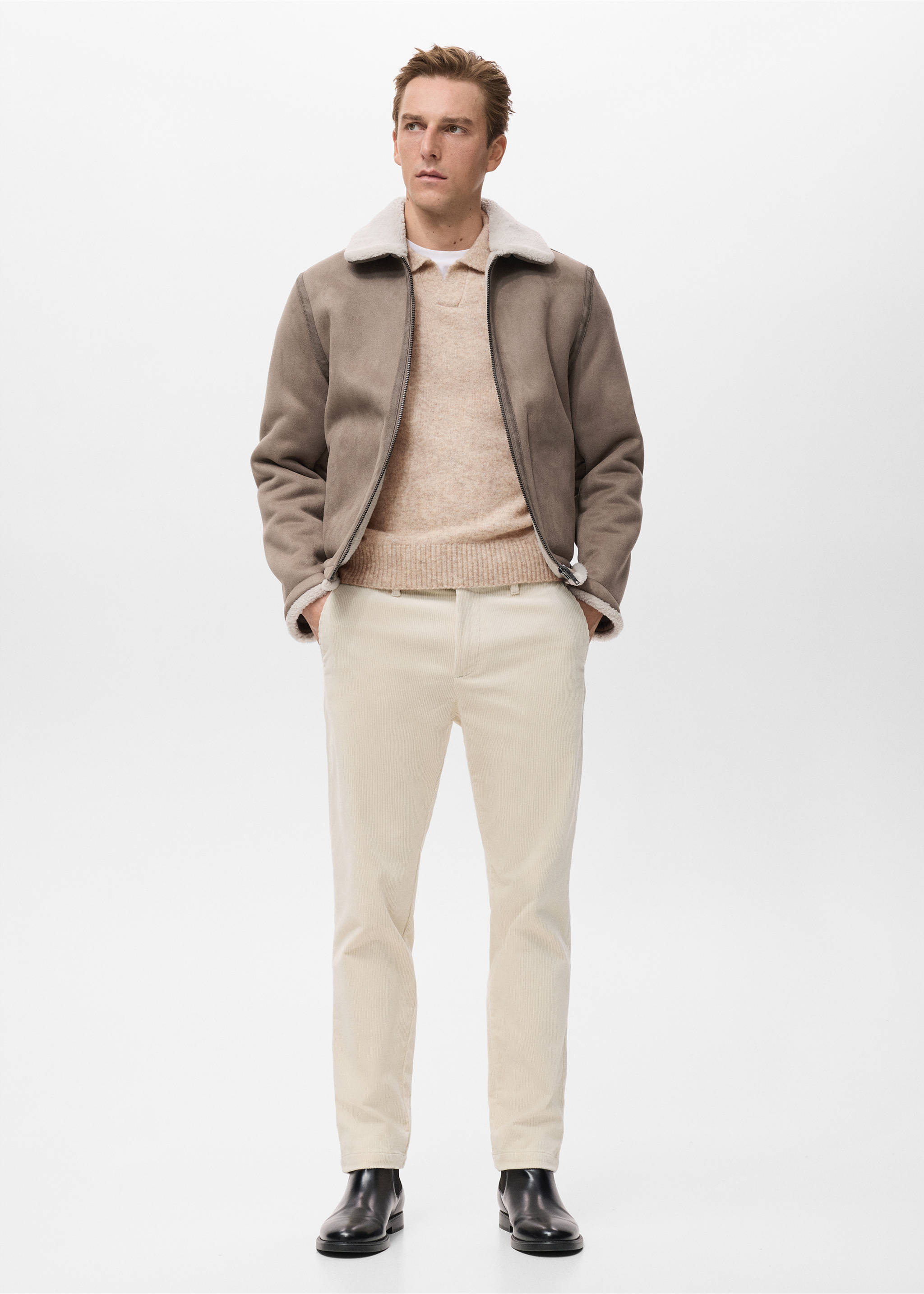 Brown faux-shearling jacket worn with a beige polo and trousers, Medium Brown. Ref: 17027889-00.