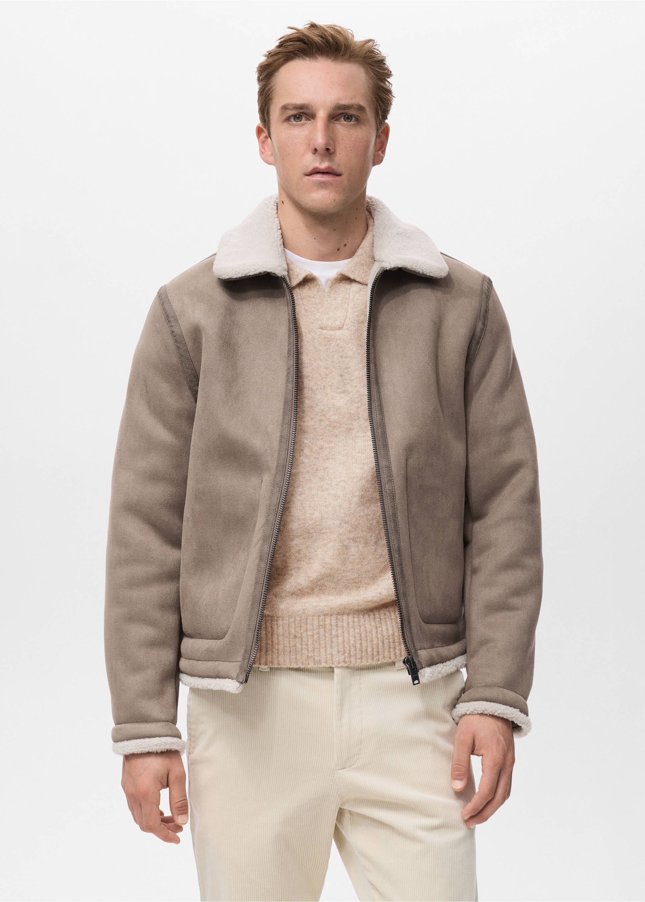 Taupe zip-up jacket with white faux-shearling collar and trim., Medium Brown. Ref: 17027889-00.