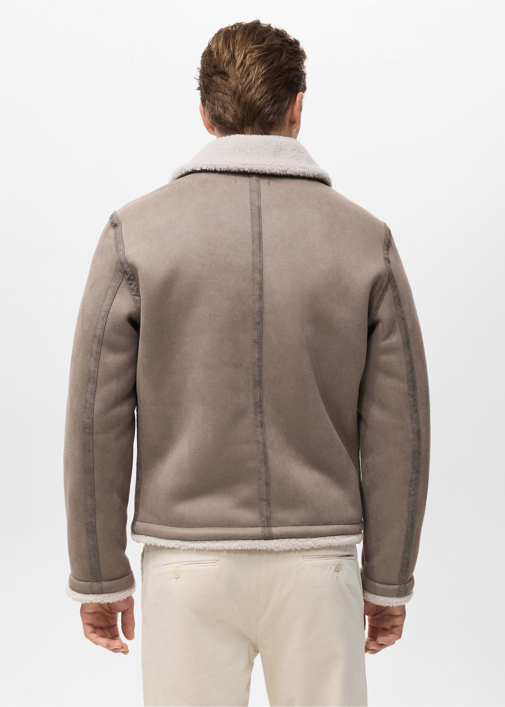 Back view of a taupe-brown jacket with faux-shearling lining and lapels., Medium Brown. Ref: 17027889-00.