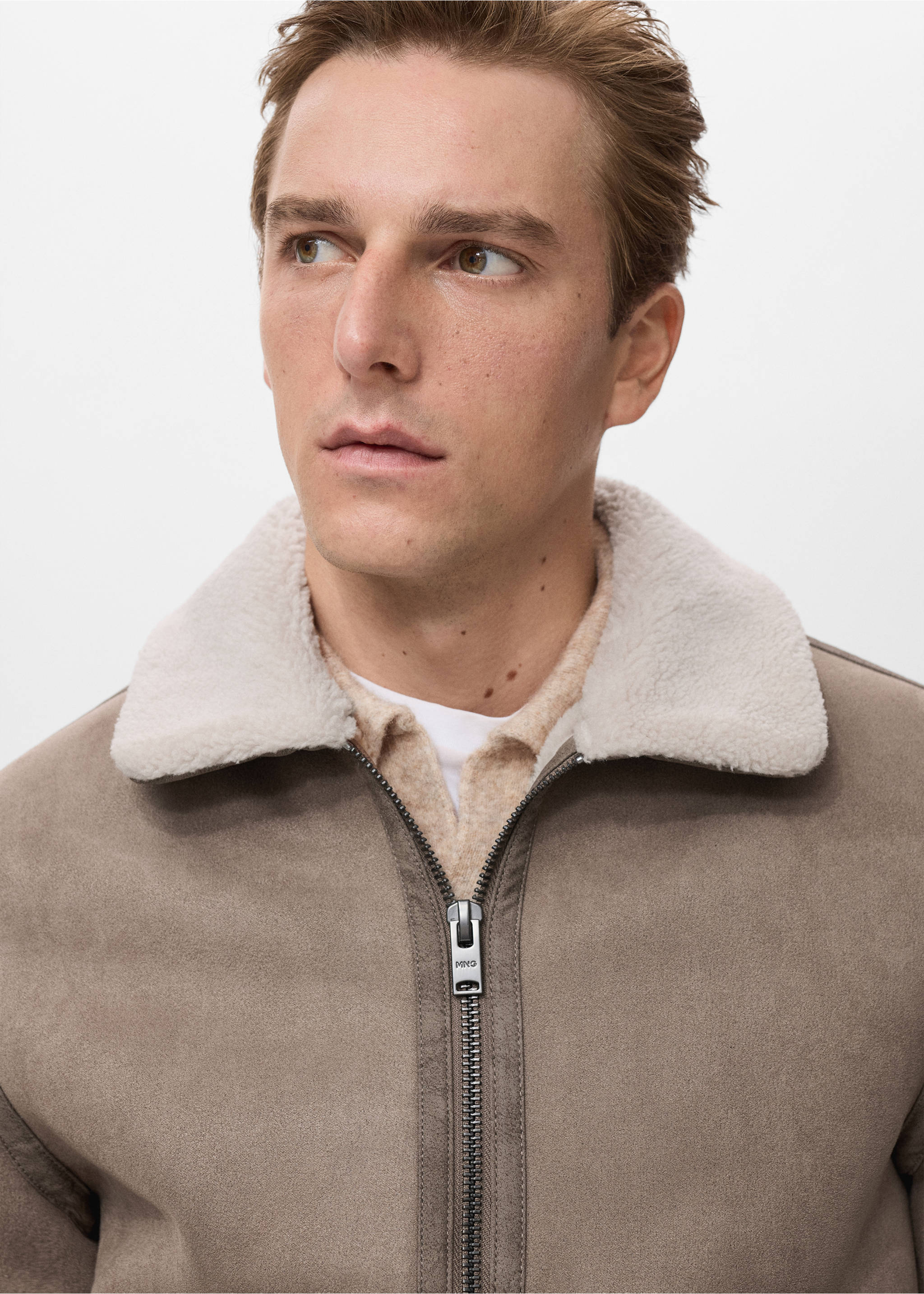 Taupe jacket with off-white faux-shearling collar and zip, Medium Brown. Ref: 17027889-00.