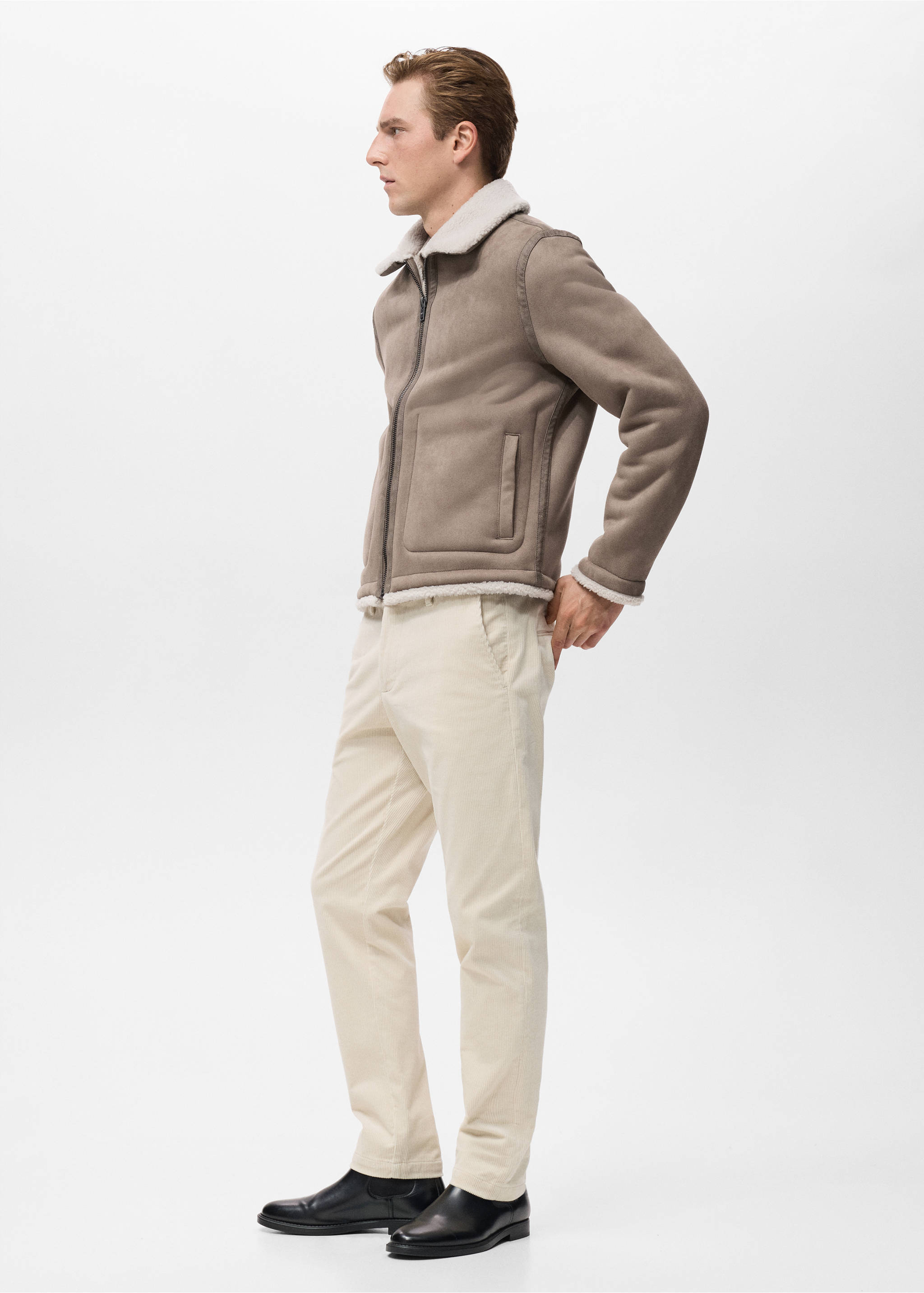 Taupe shearling jacket with cream faux-shearling collar and cuffs., Medium Brown. Ref: 17027889-00.