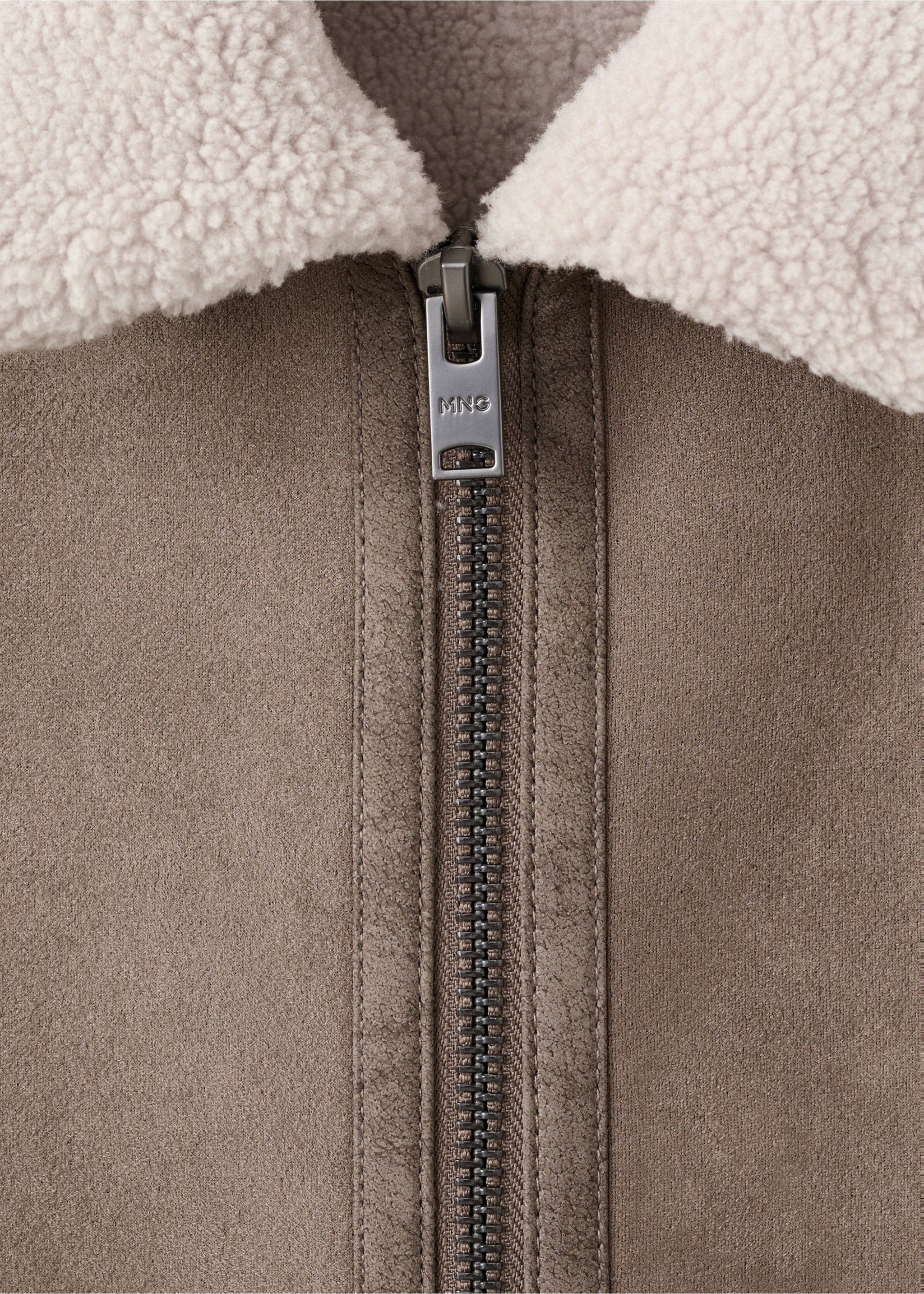 Brown faux-suede jacket detail with cream shearling collar., Medium Brown. Ref: 17027889-00.