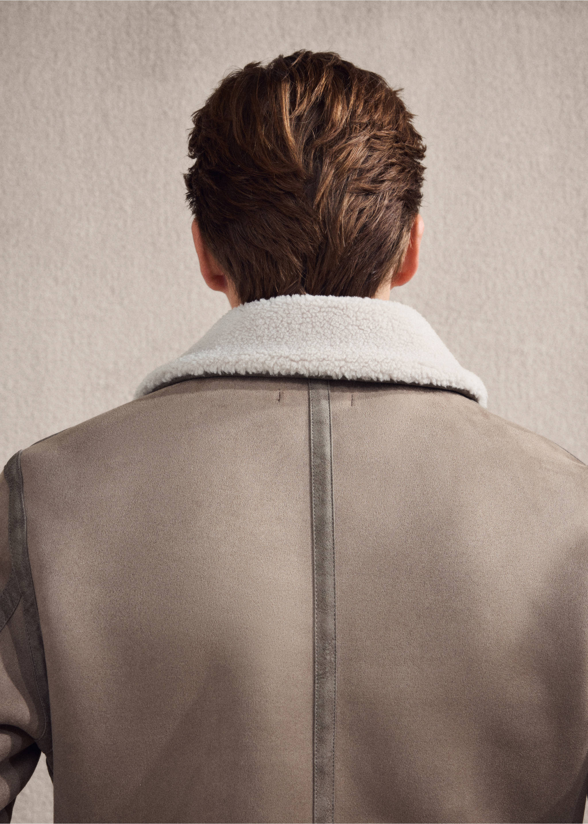 Taupe jacket with a cream faux-shearling collar, shown from the back., Medium Brown. Ref: 17027889-00.
