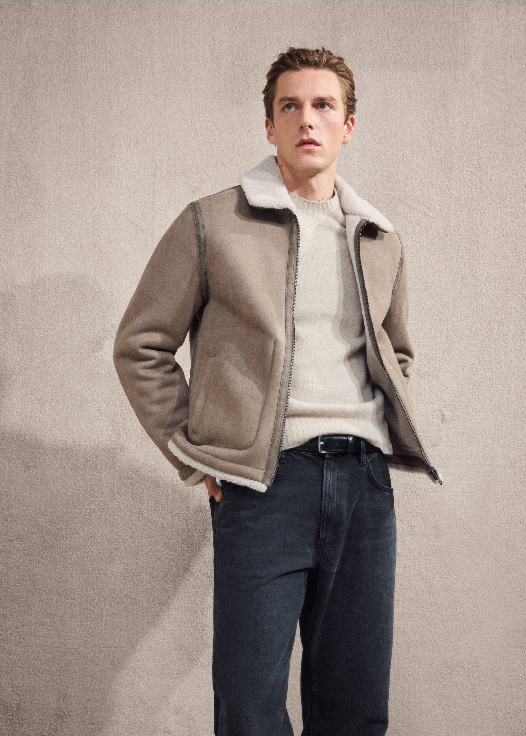Taupe suede-effect jacket with cream faux-shearling lining and lapels., Medium Brown. Ref: 17027889-00.