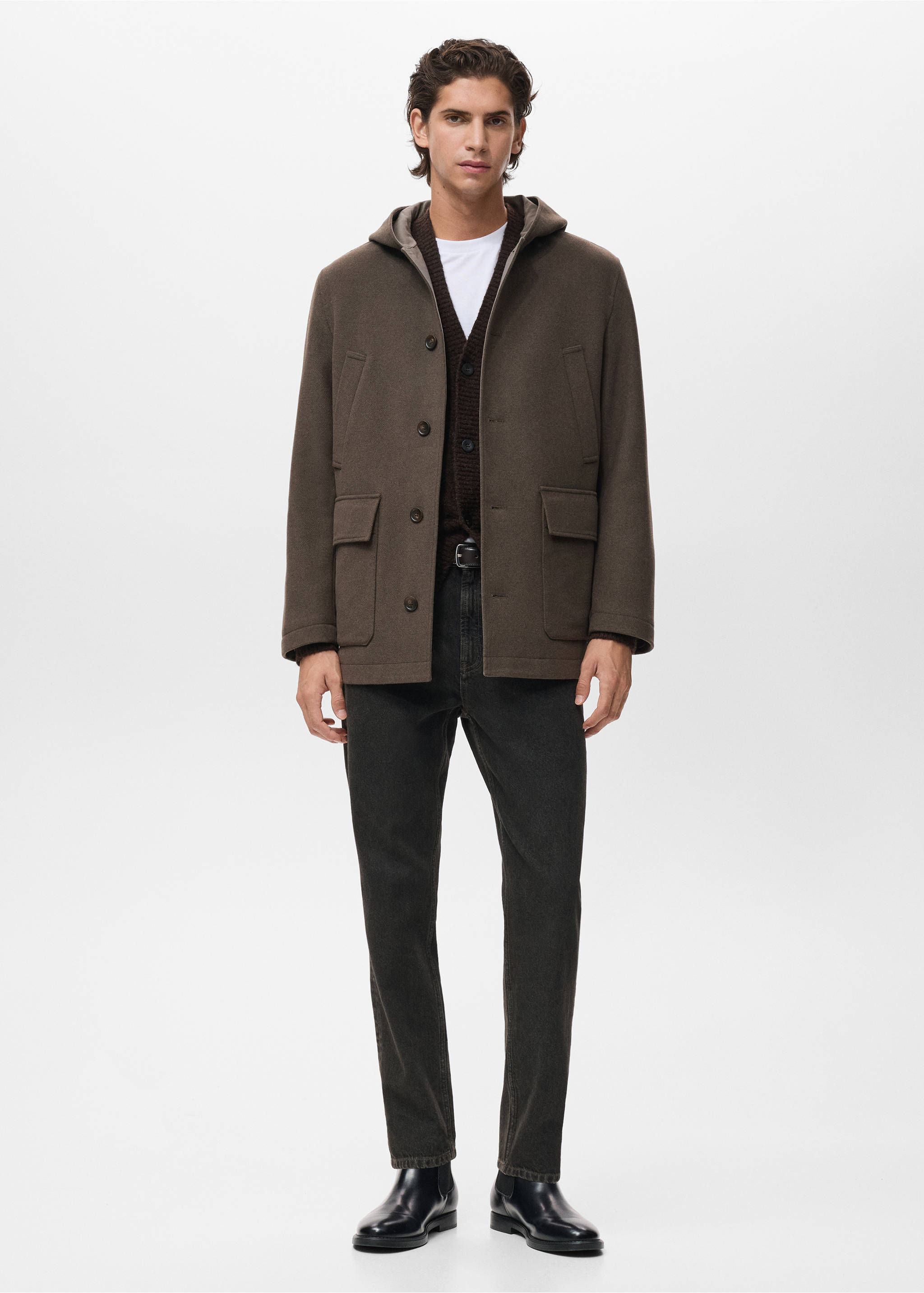 Hooded wool coat - General plane, Medium Brown. Ref: 17027891-00.