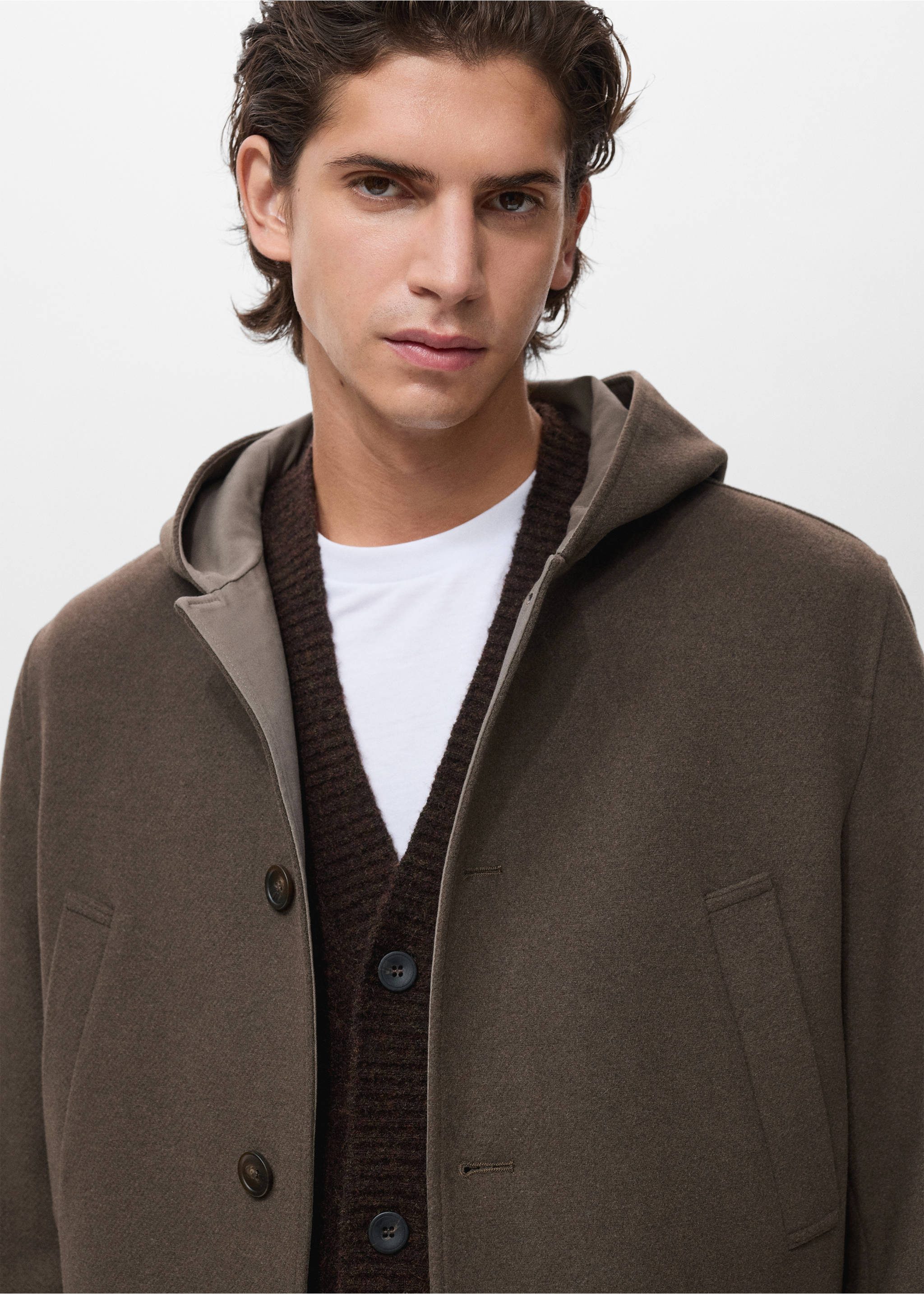 Hooded wool coat - Details of the article 1, Medium Brown. Ref: 17027891-00.