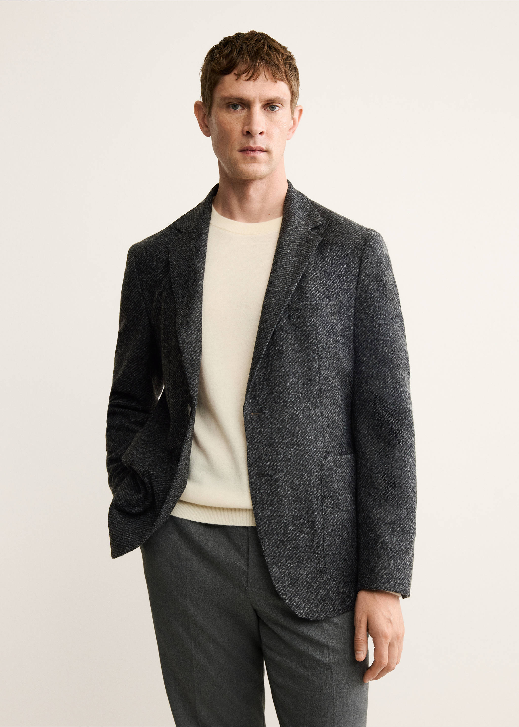 Slim fit wool blend blazer - Medium plane, Dark Heather Grey. Ref: 17028275-00.