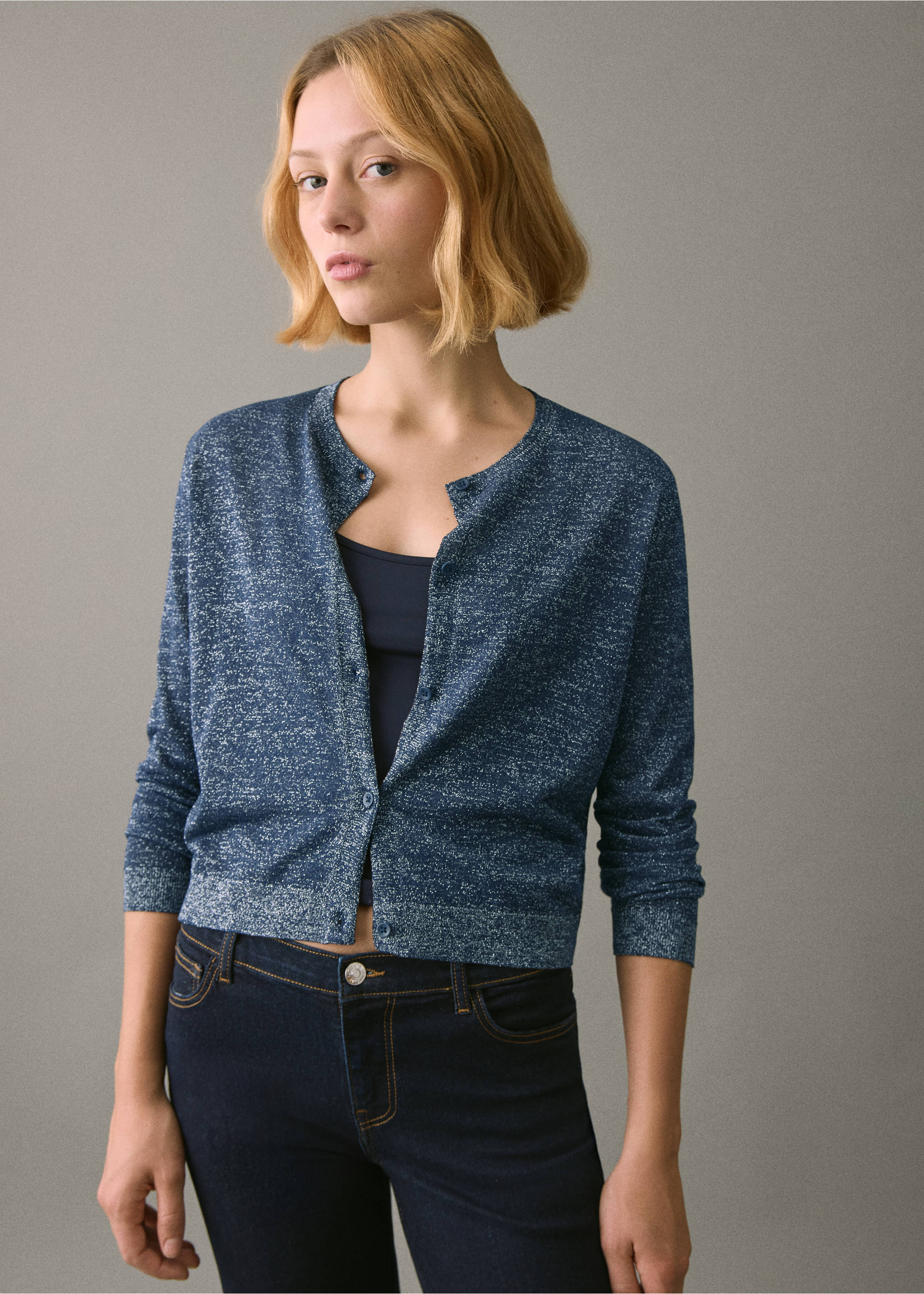 Lurex knitted cardigan - Medium plane, Navy. Ref: 17028636-00.