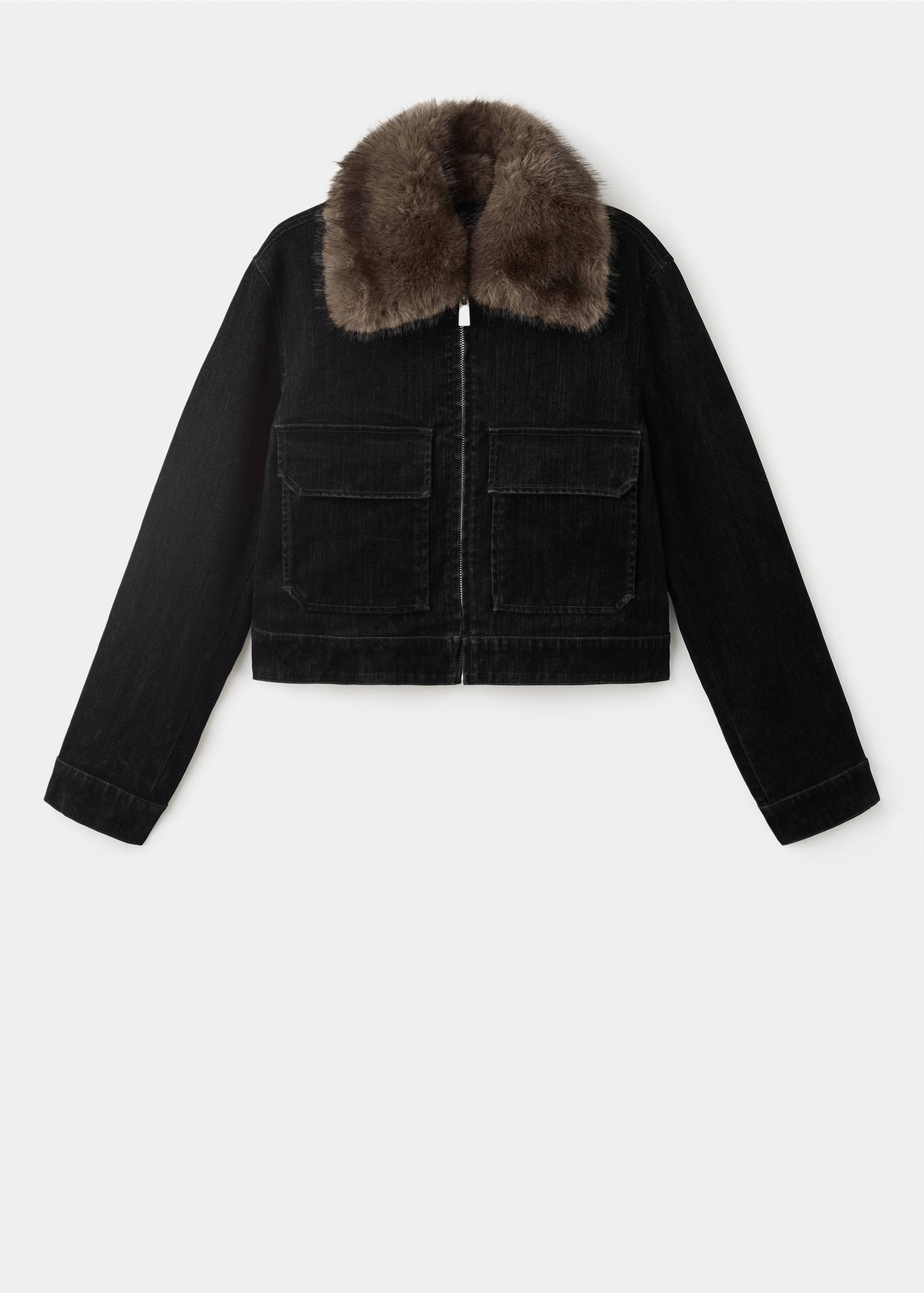 Black denim jacket with a brown faux-fur collar and chest pockets., Black. Ref: 17029099-00.