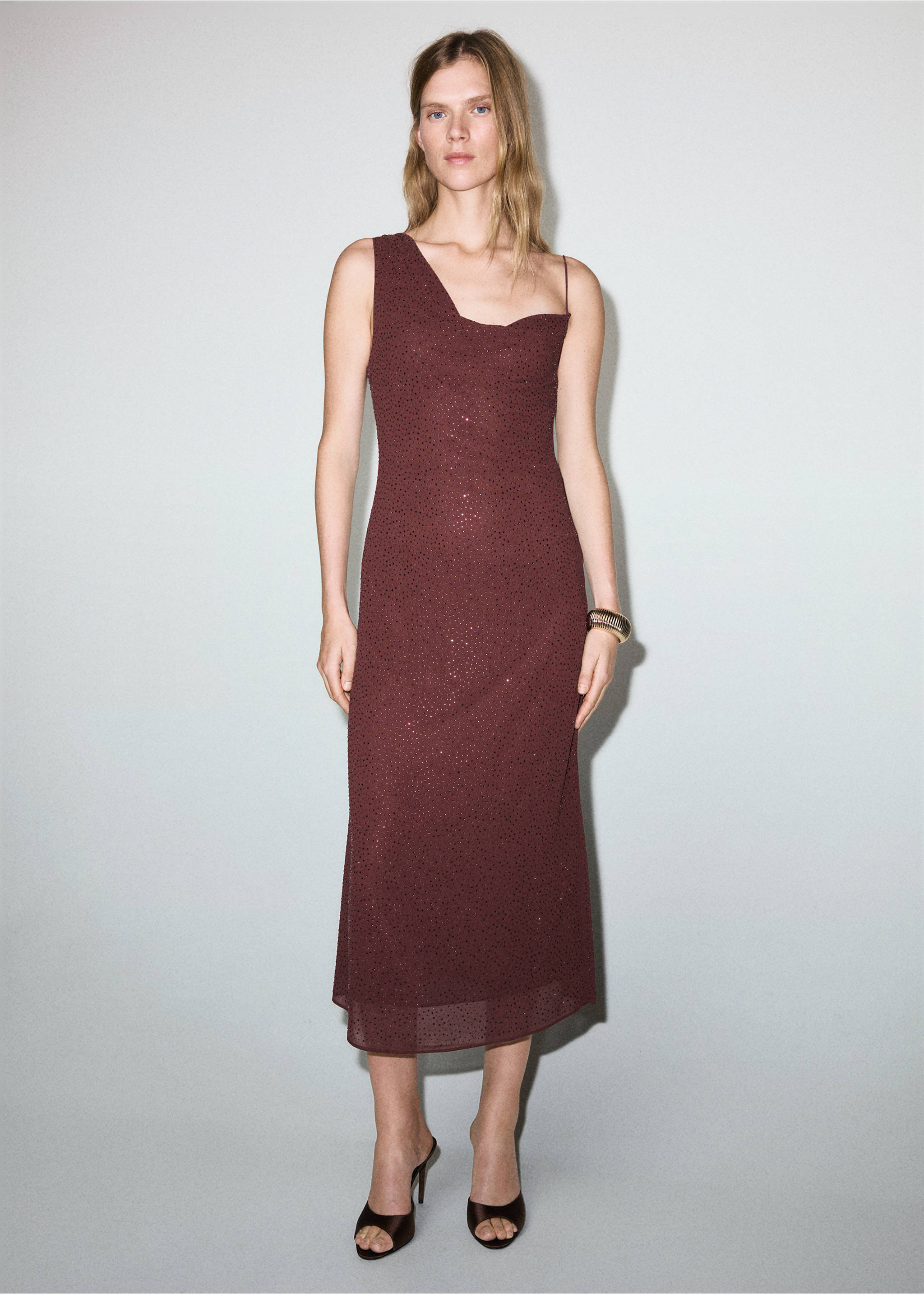 Burgundy sheer sequin asymmetric midi dress with one wide strap., Maroon. Ref: 17029111-00.