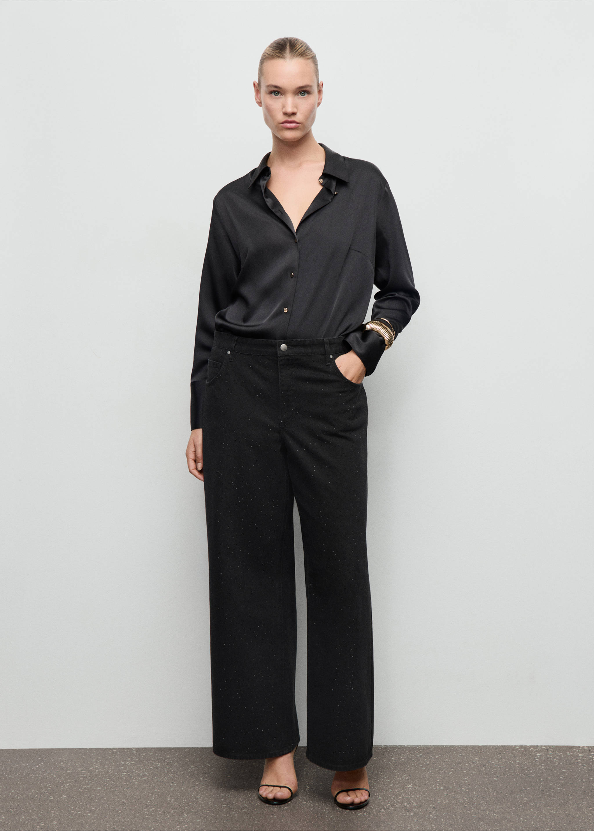 Wide leg jeans with rhinestones - Details of the article 3, Black denim. Ref: 17029114-00.