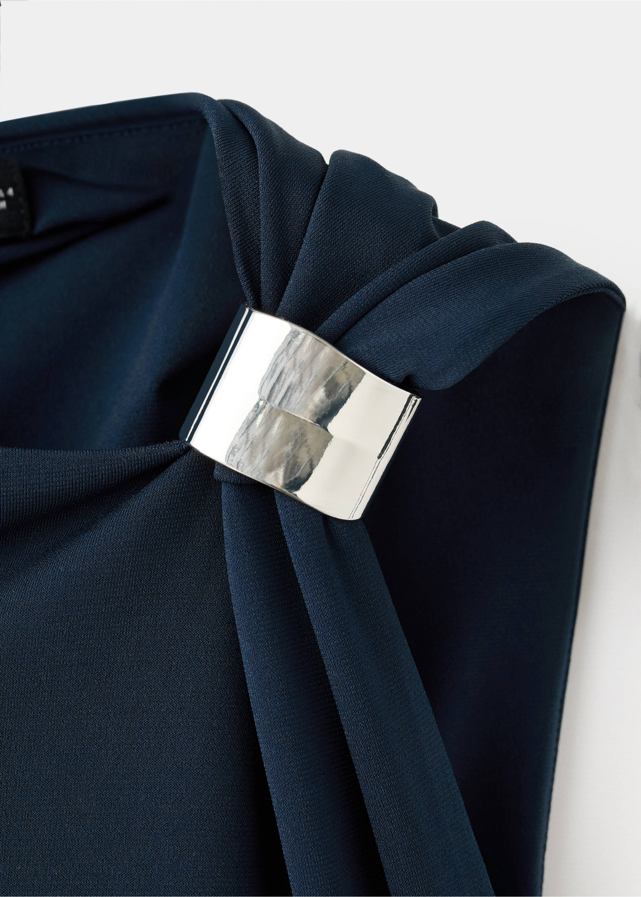 Navy dress fabric detail showing a silver-tone metallic ring gathering the strap., Navy. Ref: 17029116-00.