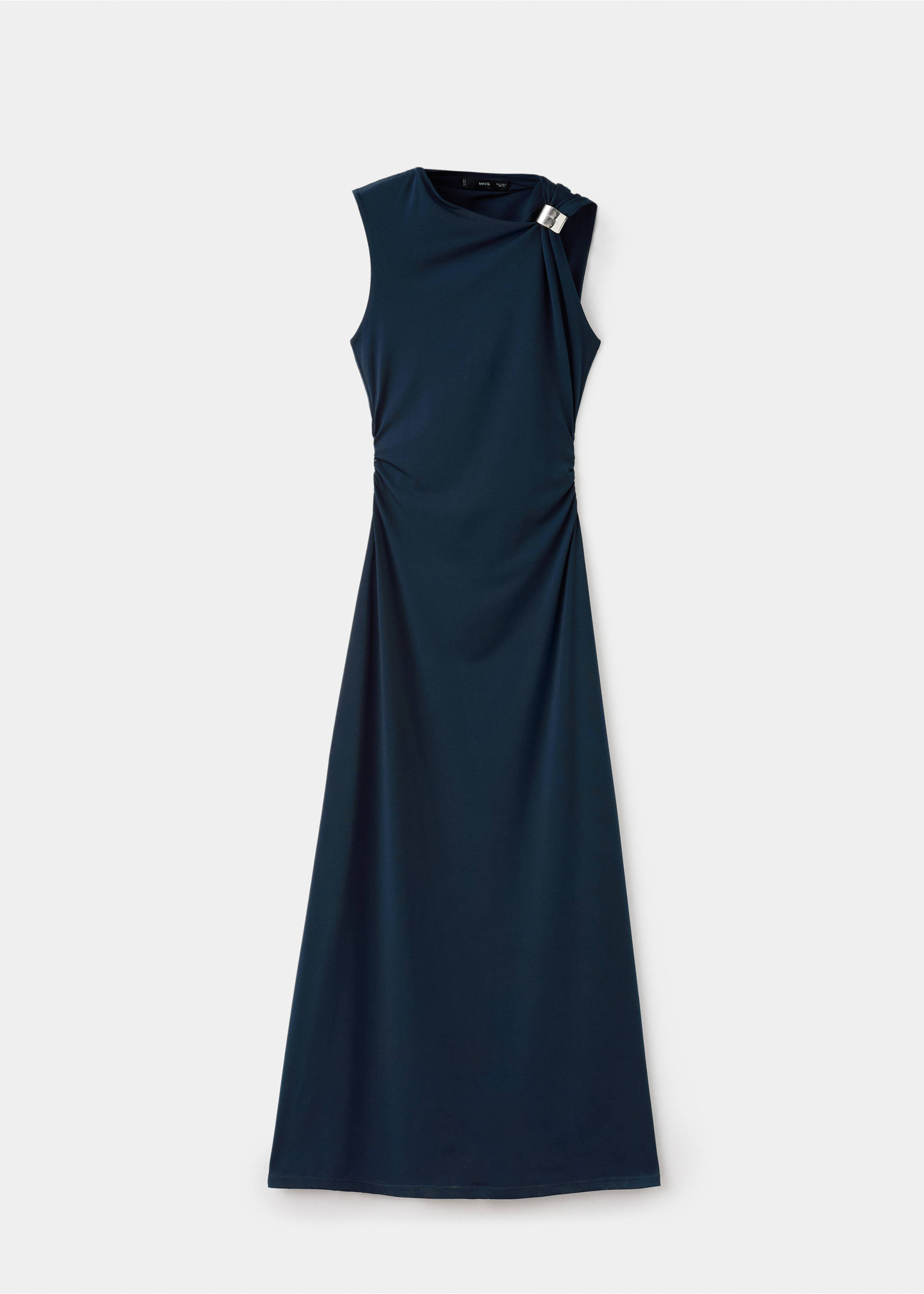 Dark blue sleeveless maxi dress with shoulder buckle and side ruching., Navy. Ref: 17029116-00.