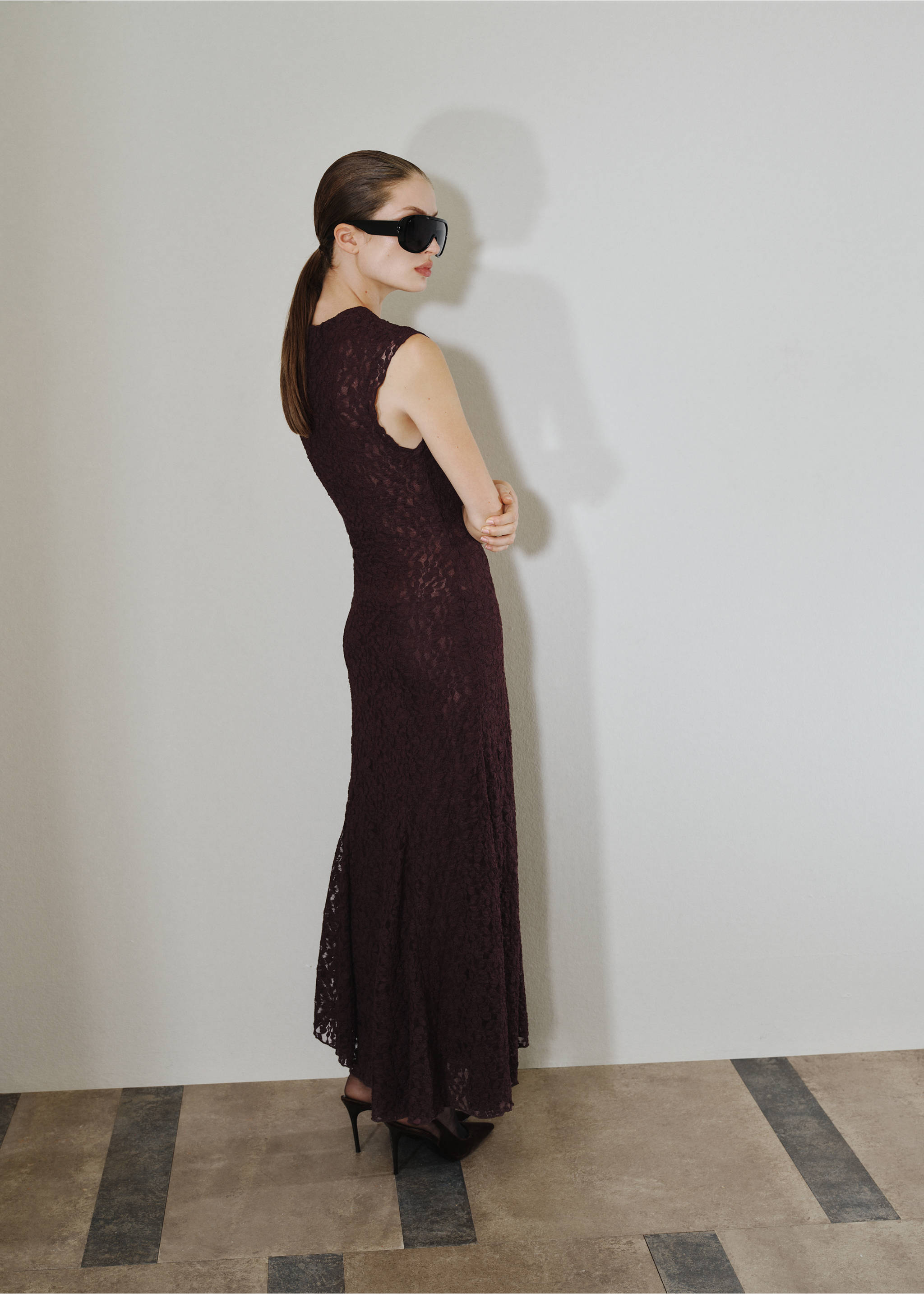 Back view of a dark plum lace maxi dress, sleeveless with a fitted silhouette., Brown. Ref: 17029117-00.