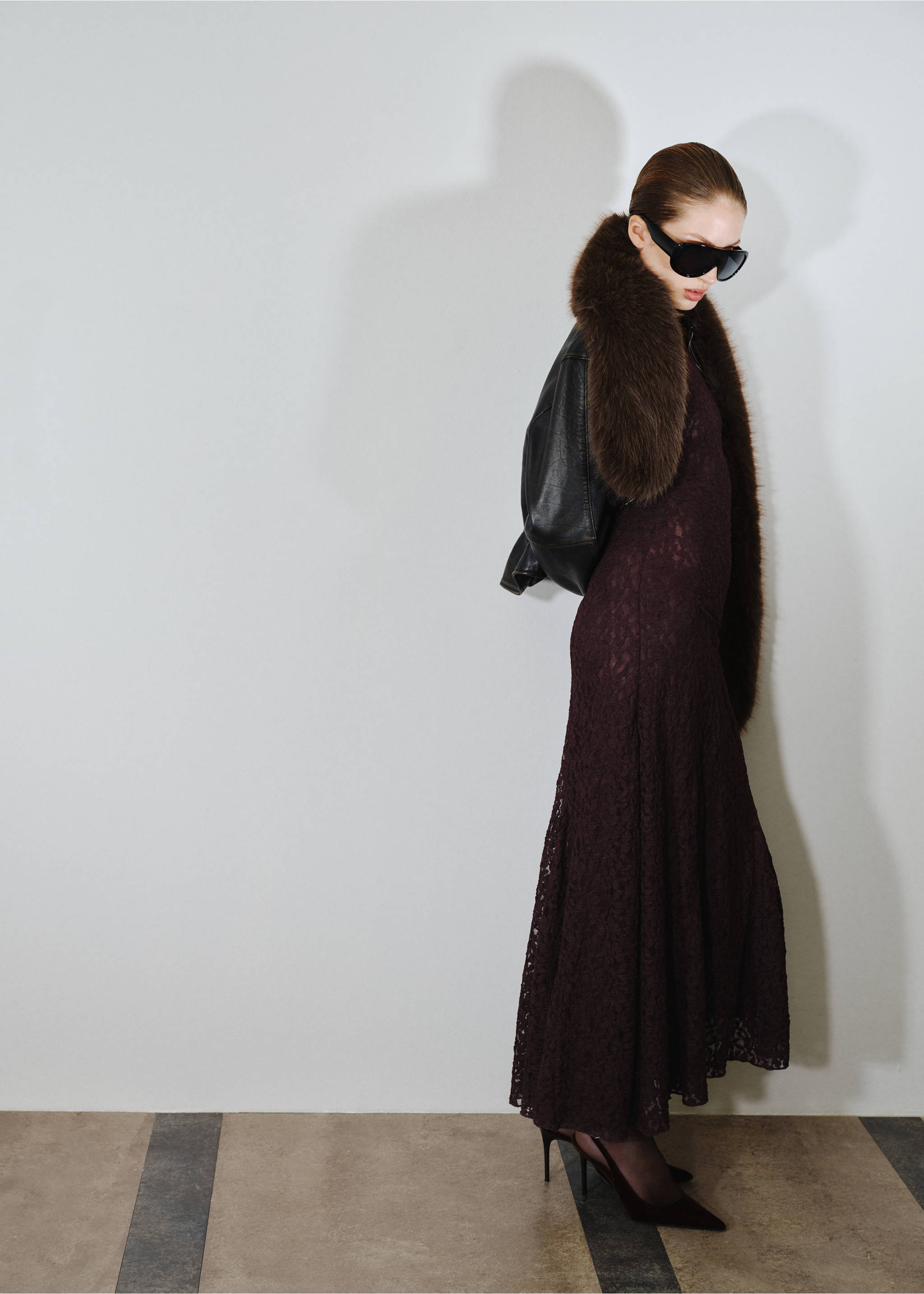 Burgundy long-sleeved lace maxi dress worn with a brown faux-fur scarf., Brown. Ref: 17029117-00.