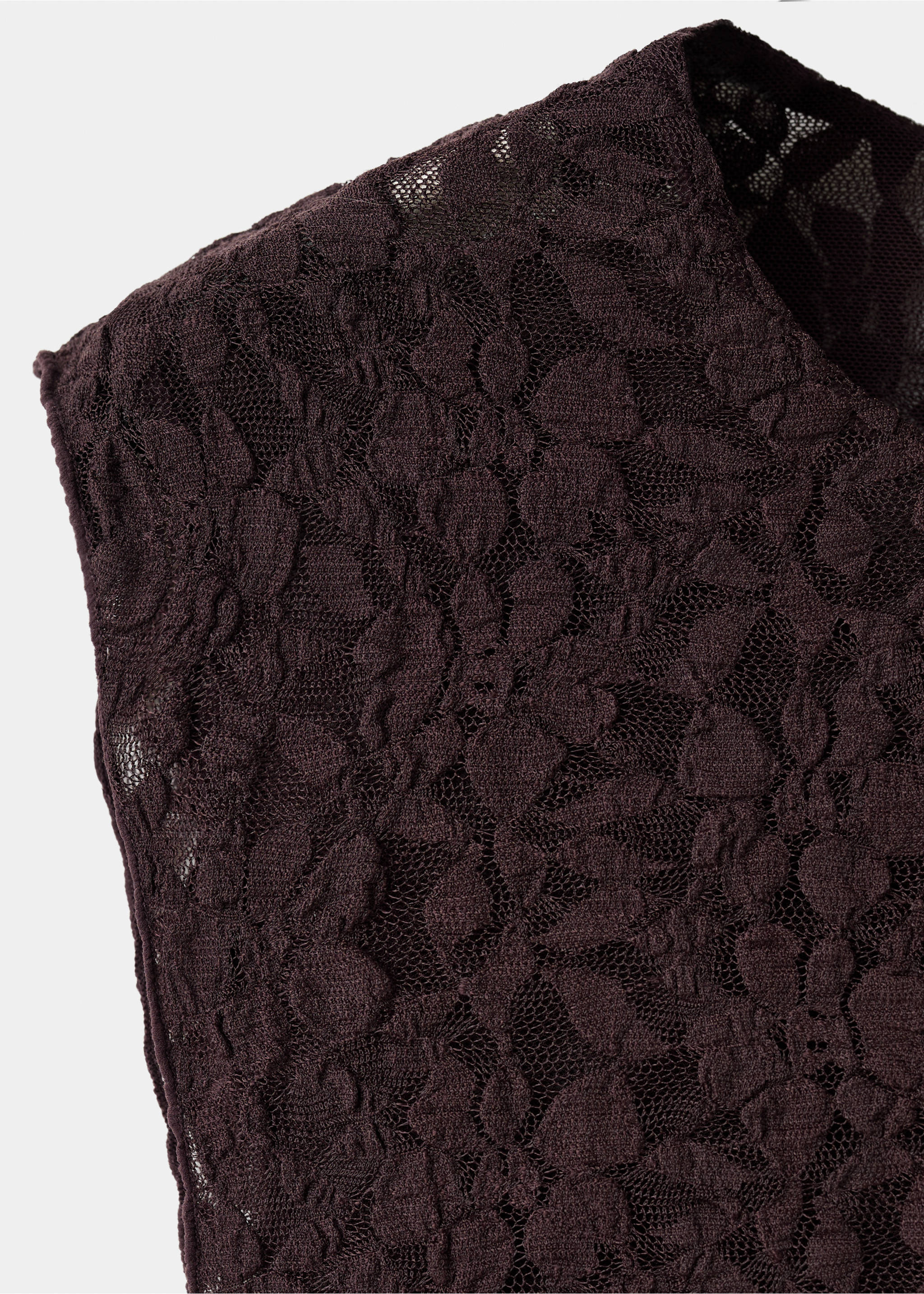 Close-up of a dark burgundy floral lace dress with a round neckline., Brown. Ref: 17029117-00.