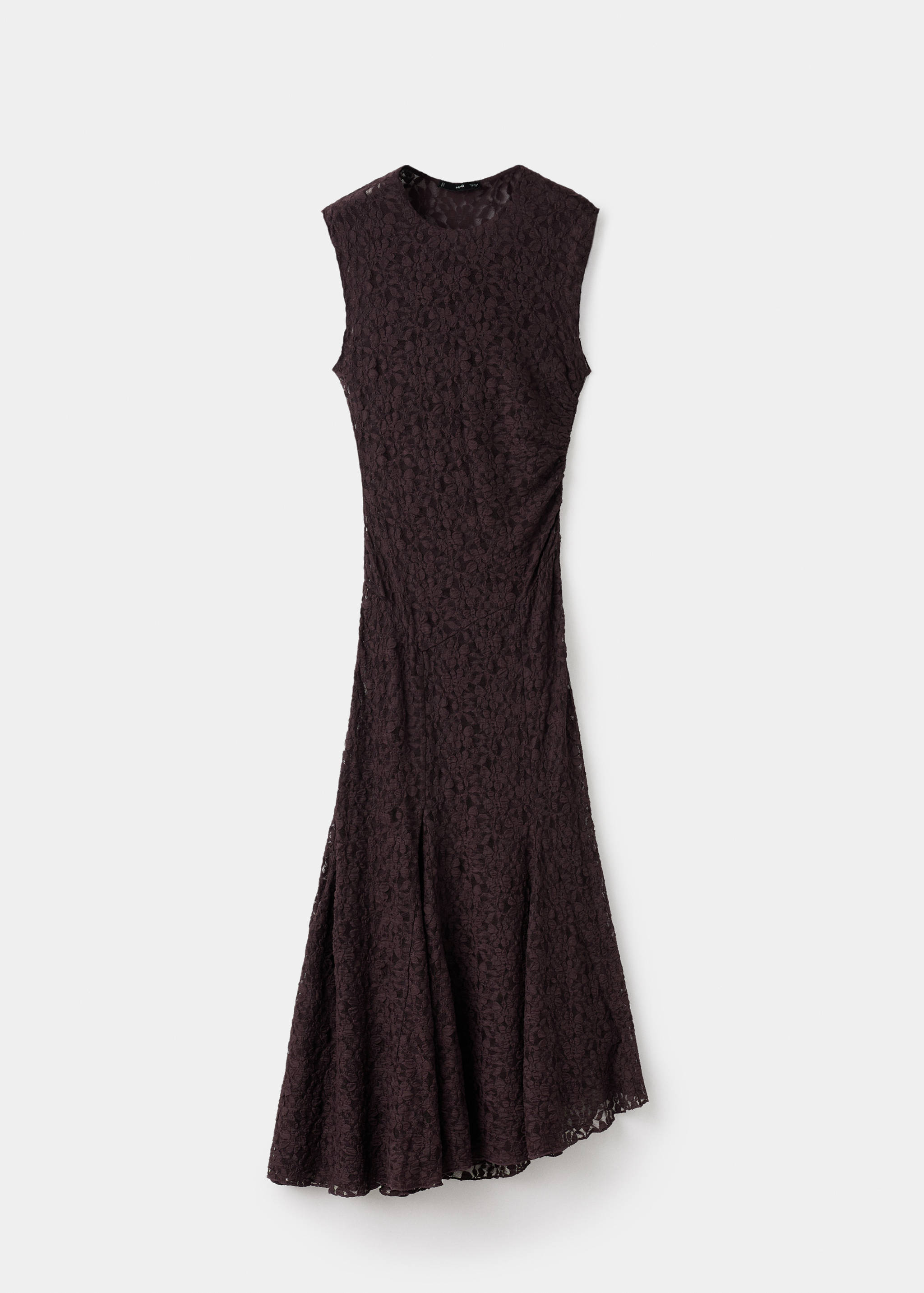 Dark burgundy sleeveless lace midi dress with a round neck and asymmetric hem.