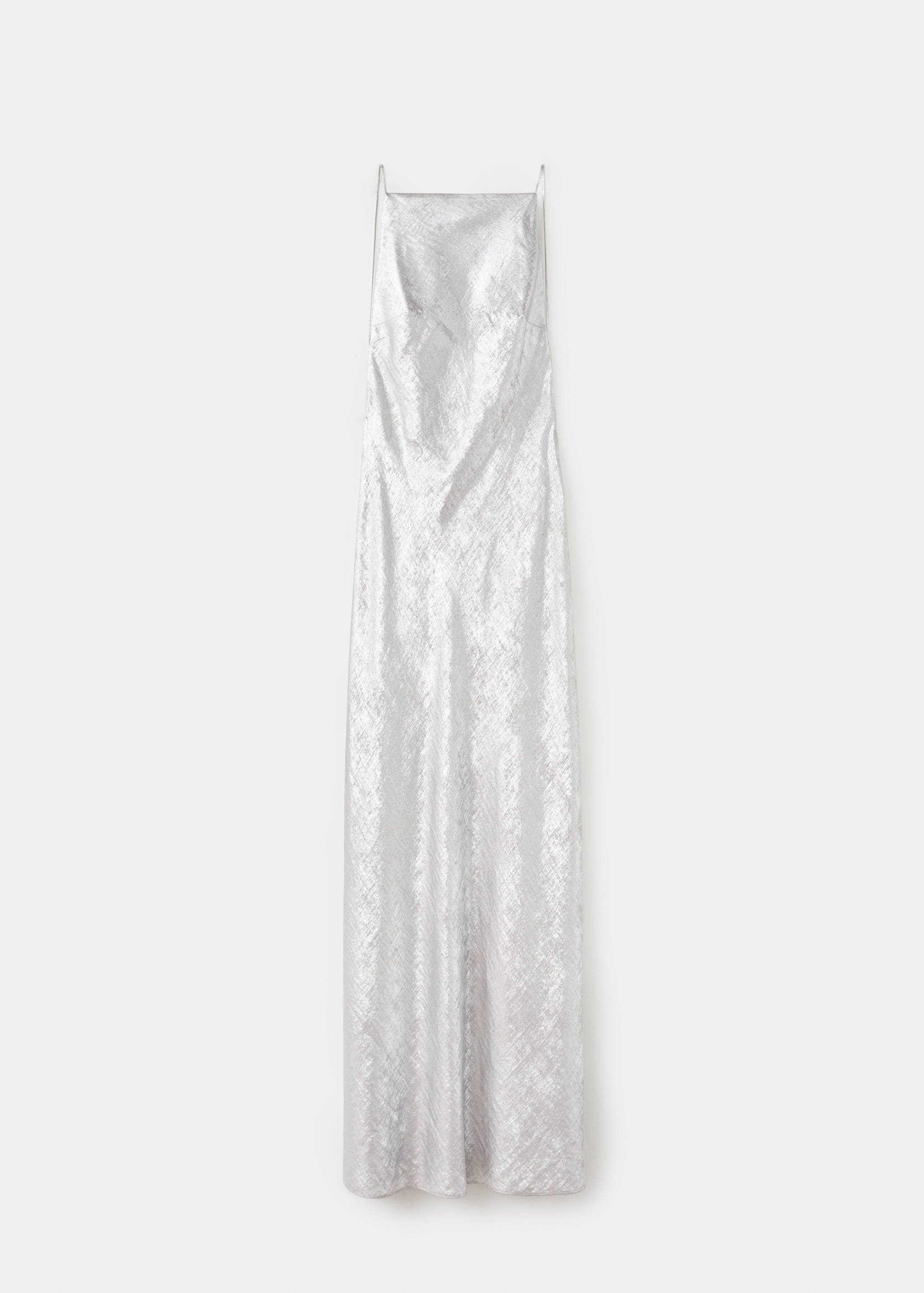 Silver metallic textured maxi dress with thin spaghetti straps.