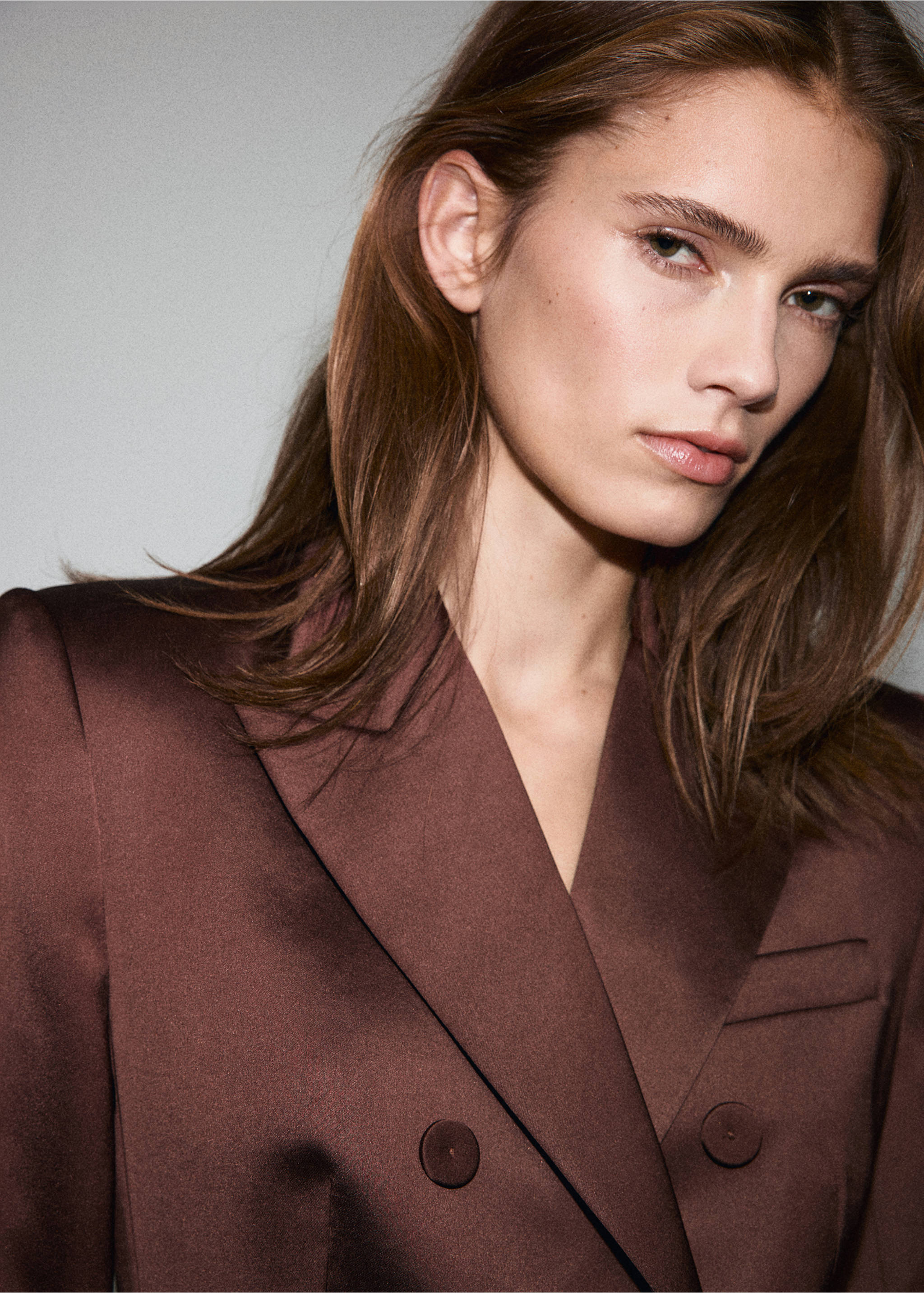Close-up of a brown double-breasted blazer with peaked lapels., Brown. Ref: 17029408-00.