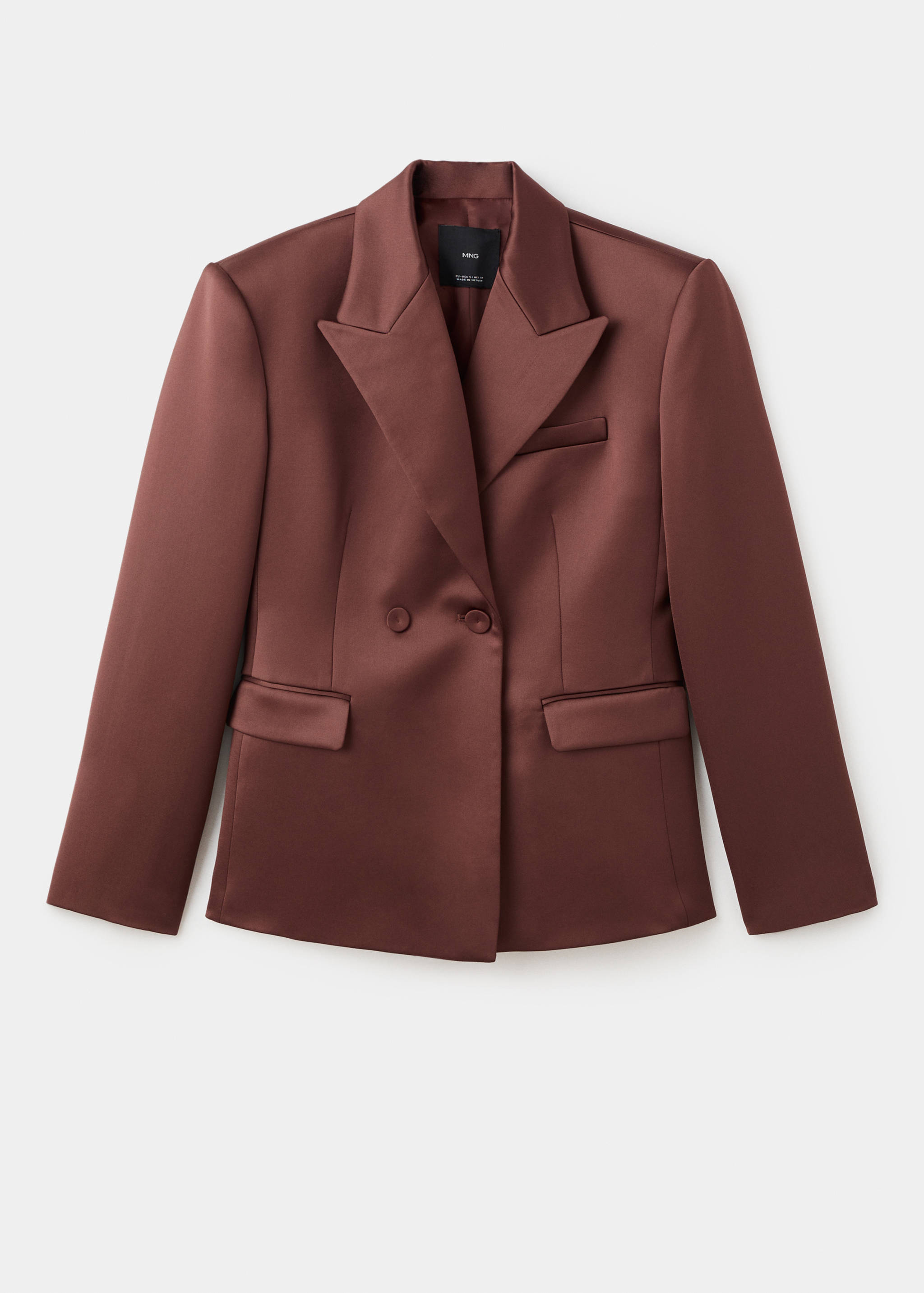 Brown double-breasted satin blazer with peak lapels.