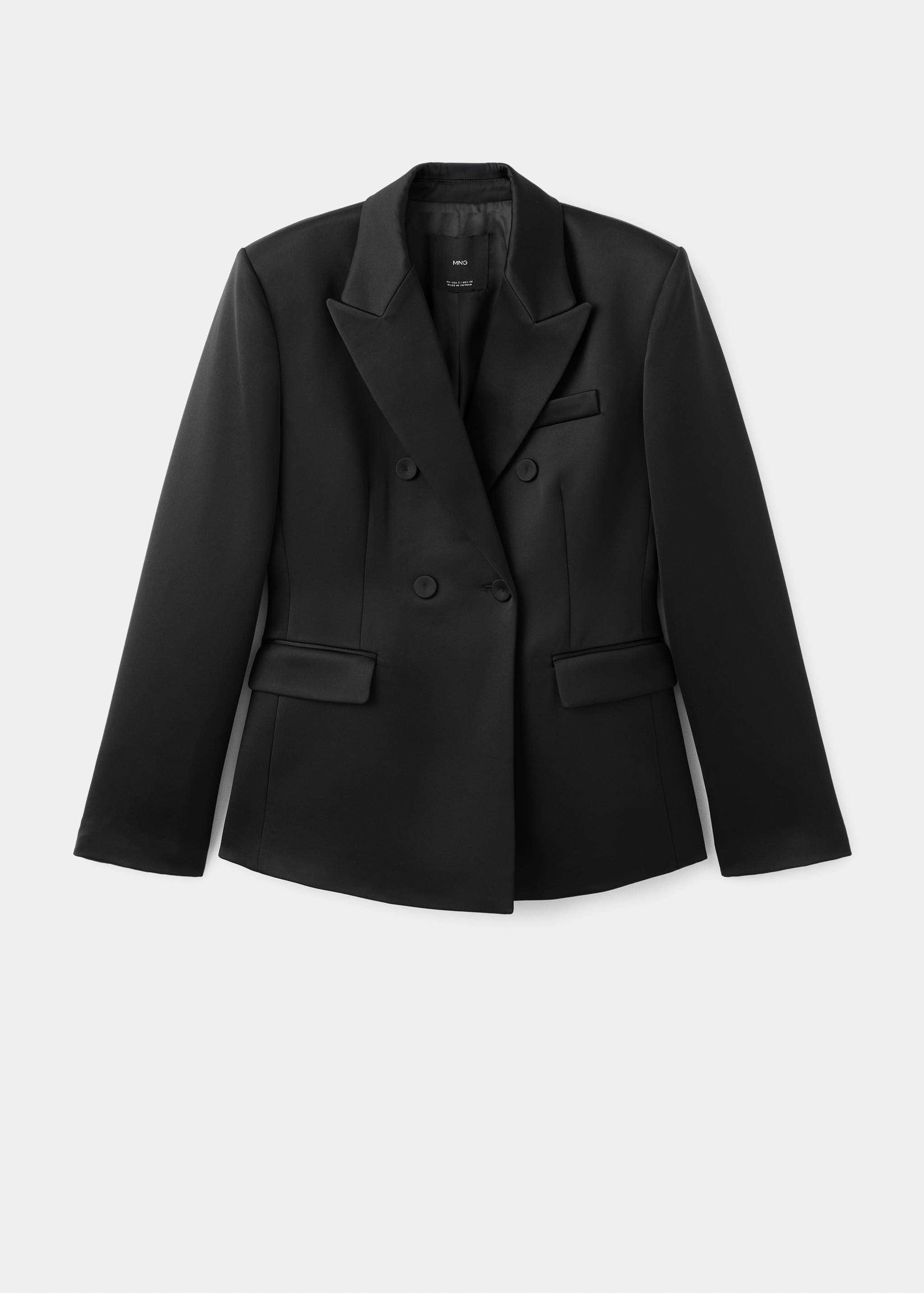 Black double-breasted tailored blazer with peak lapels and front pockets.