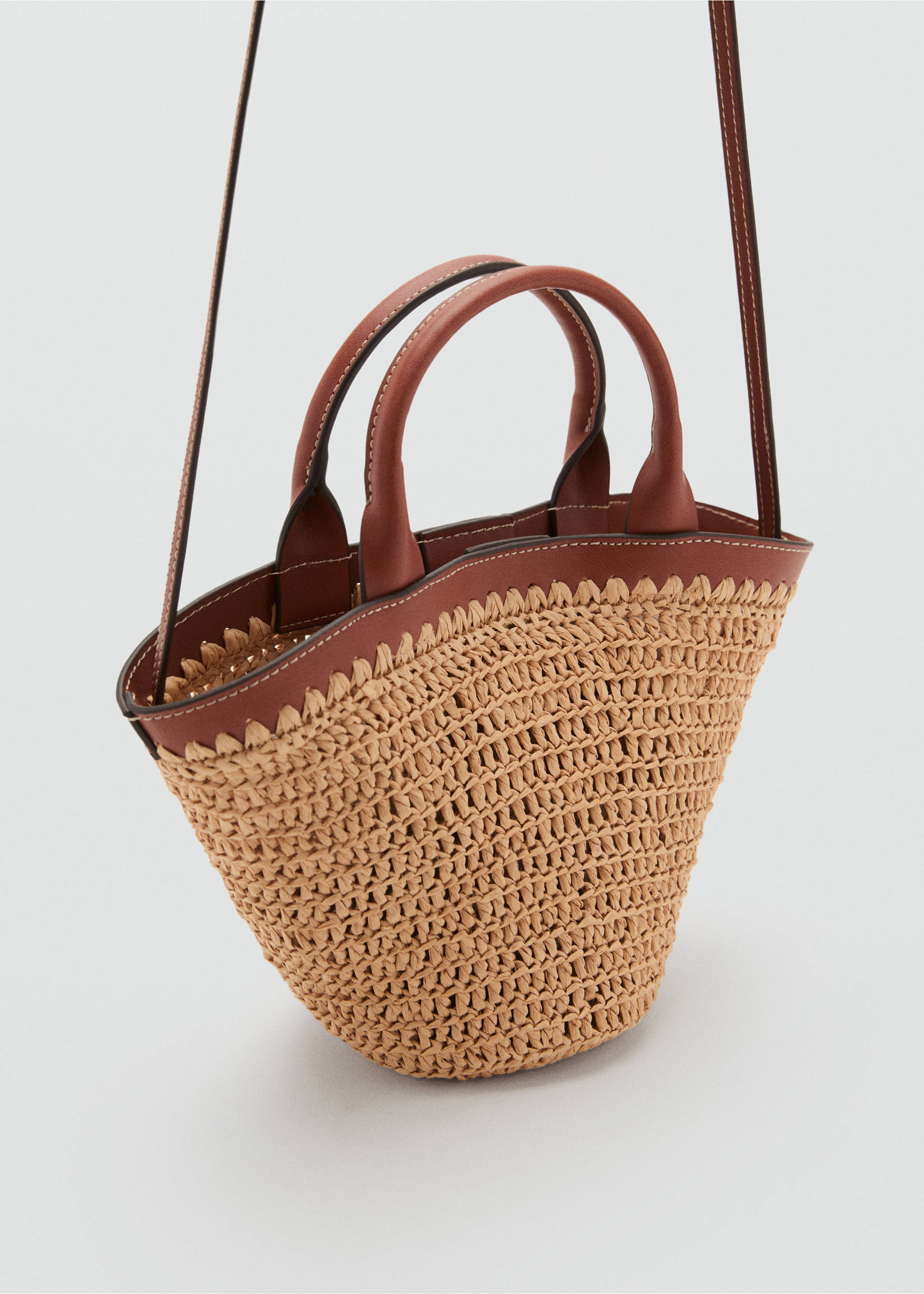 Small double-handle natural fibre bag - Medium plane, Leather. Ref: 17031127-00.