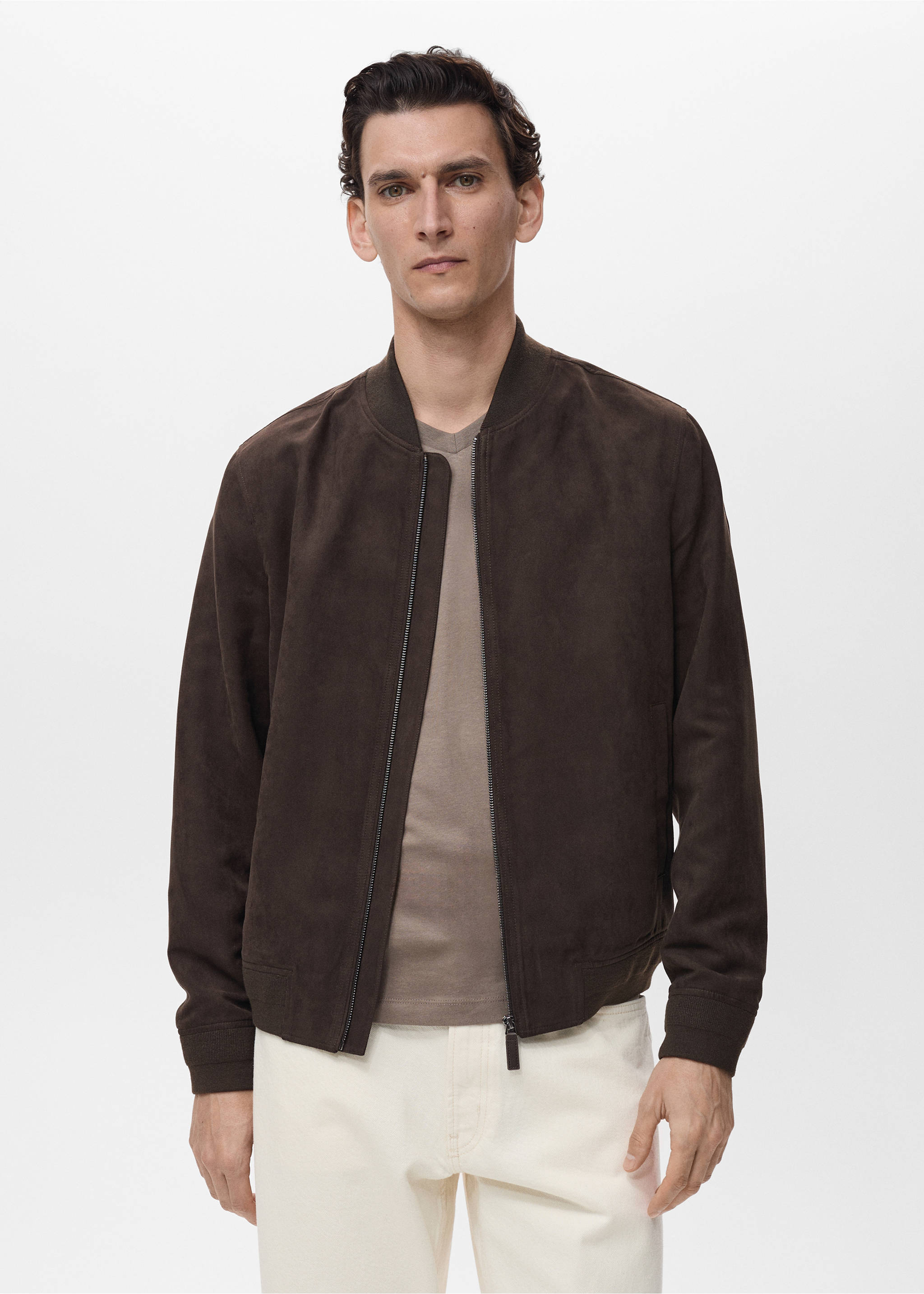 Veste bomber effet daim - Plan moyen, Chocolat. Ref: 17031136-00.