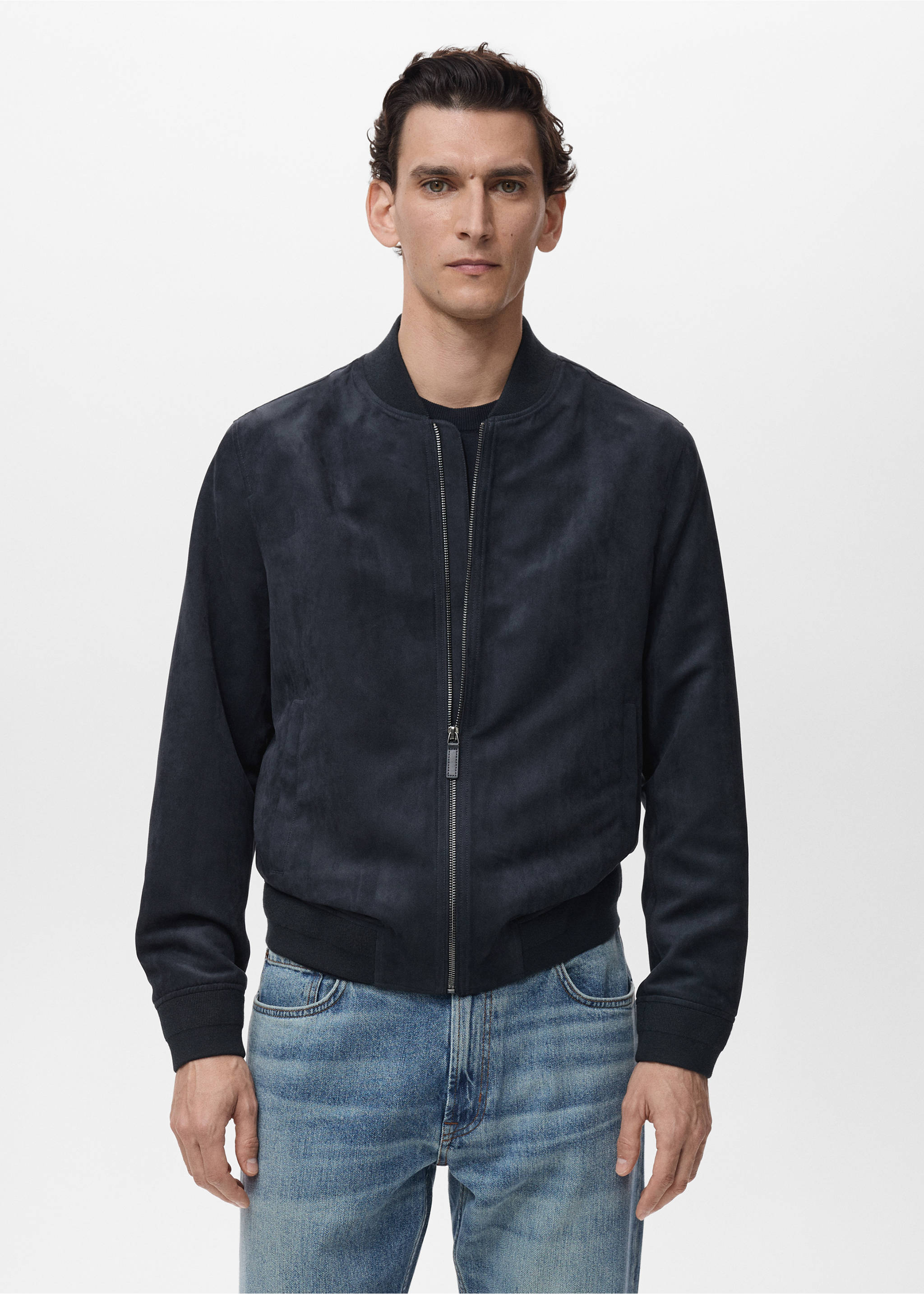 Suede-effect bomber jacket - Medium plane, Night Blue. Ref: 17031136-00.