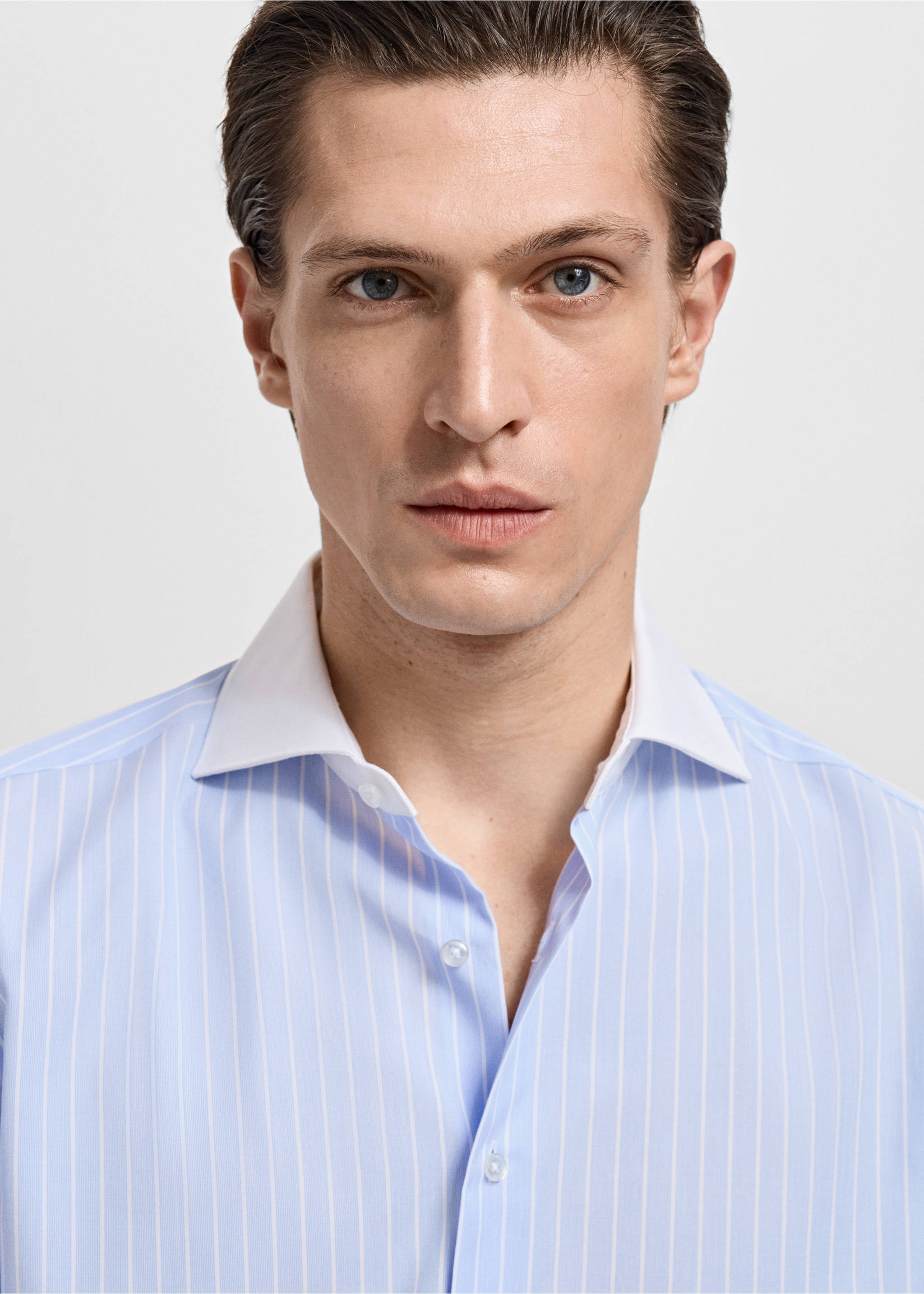 Striped-print slim-fit suit shirt - Details of the article 1, Sky Blue. Ref: 17031176-00.