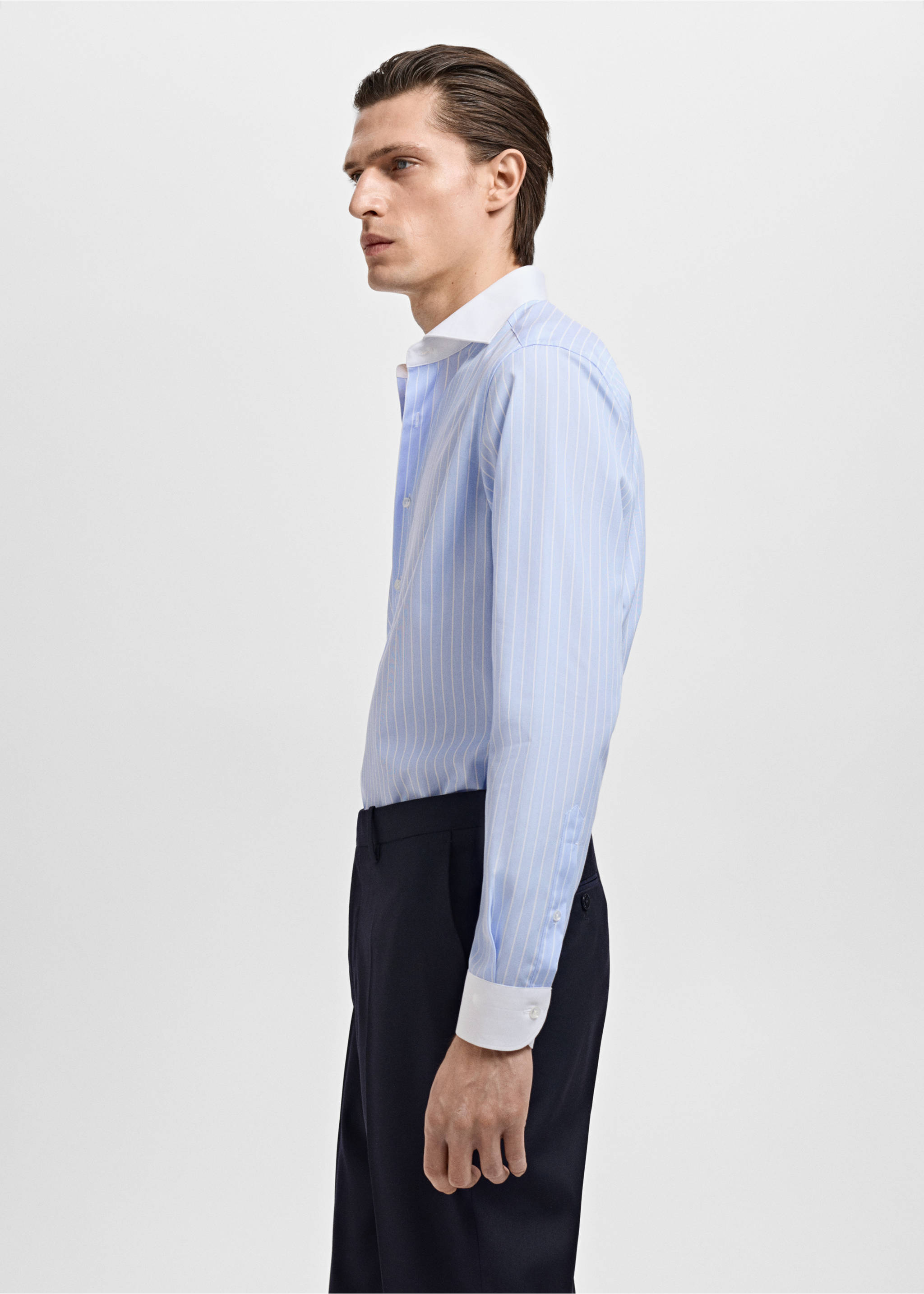 Striped-print slim-fit suit shirt - Details of the article 2, Sky Blue. Ref: 17031176-00.