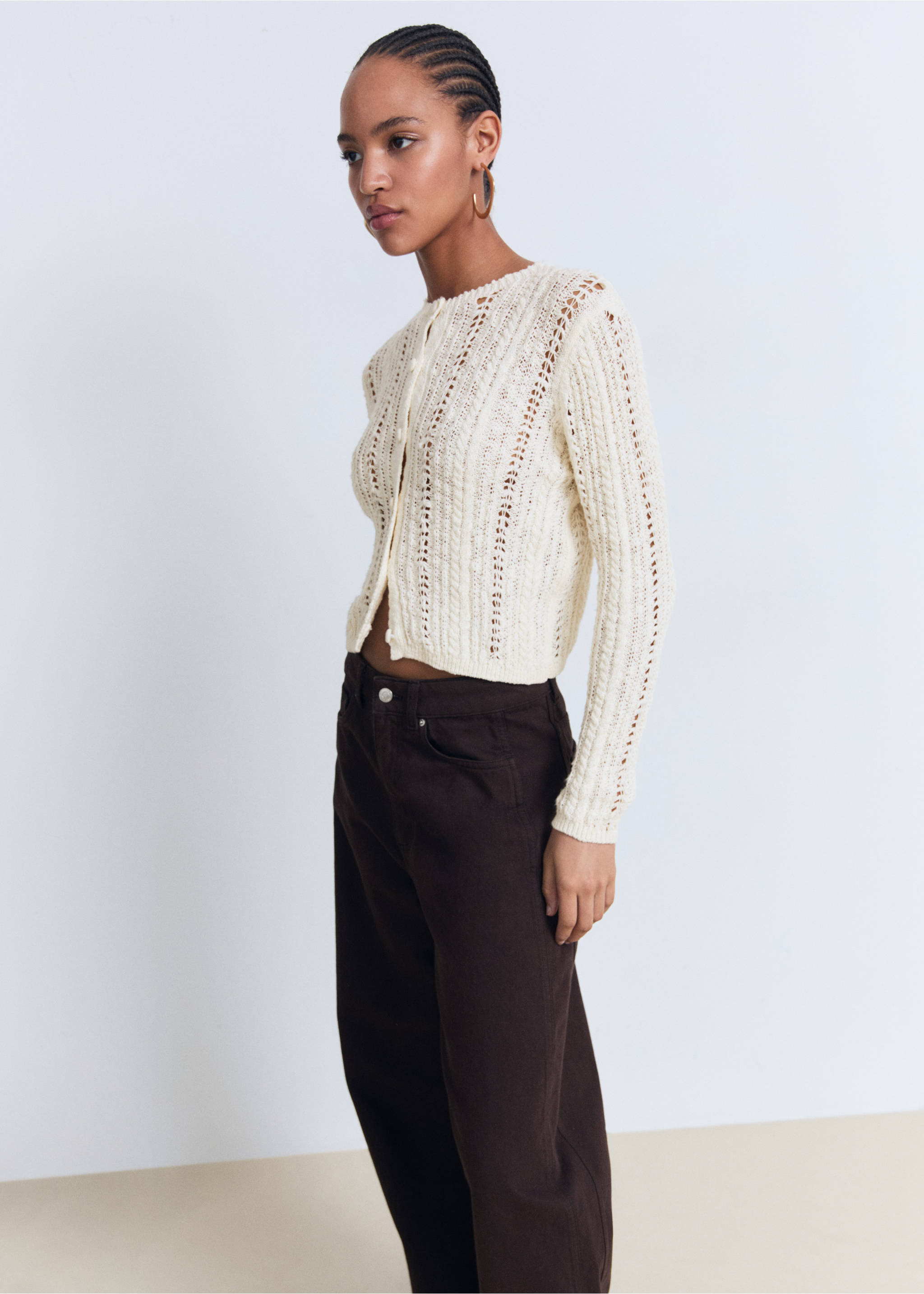 Openwork knit cardigan - Medium plane, Ecru. Ref: 17031184-00.