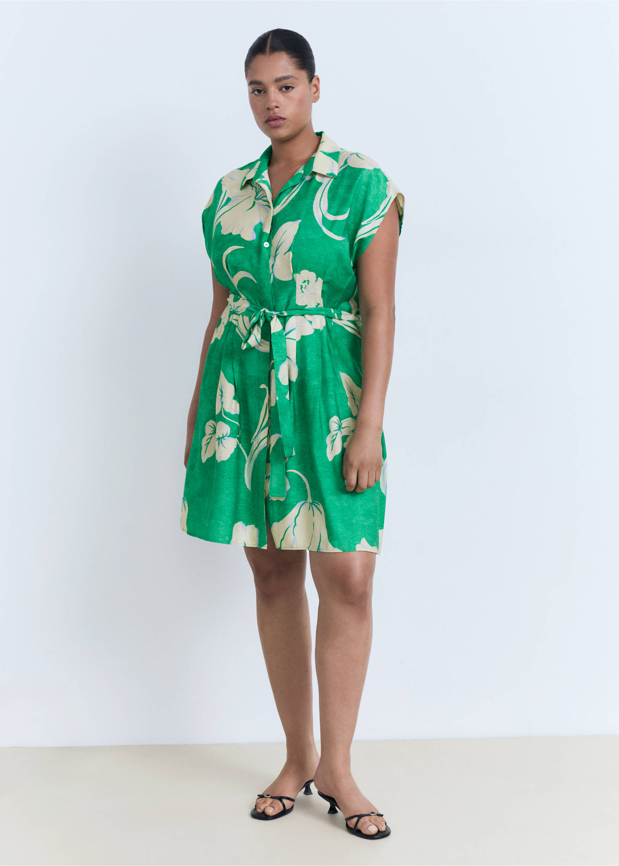 Belt printed dress - Details of the article 3, Green. Ref: 17031189-00.