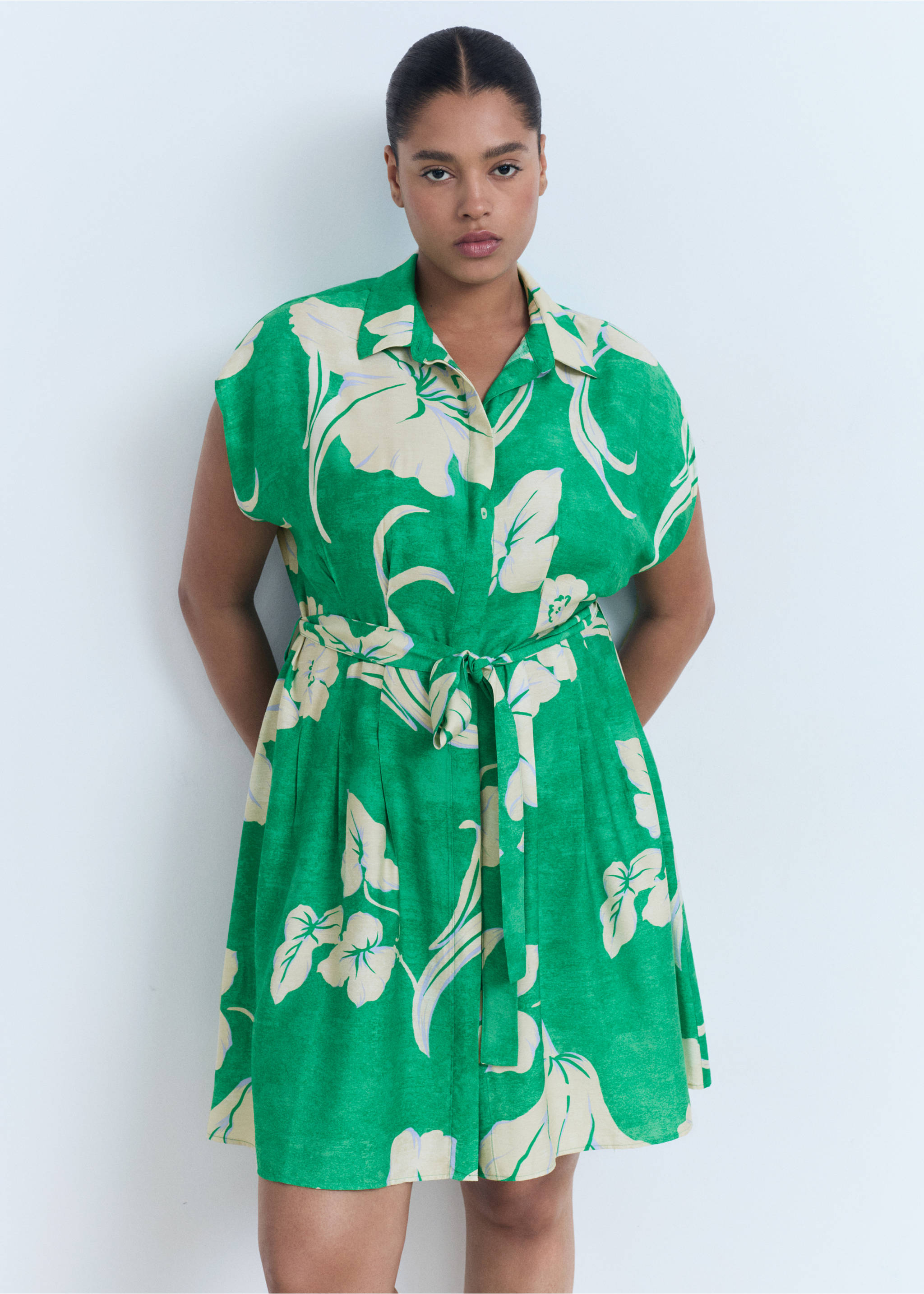 Belt printed dress - Details of the article 5, Green. Ref: 17031189-00.