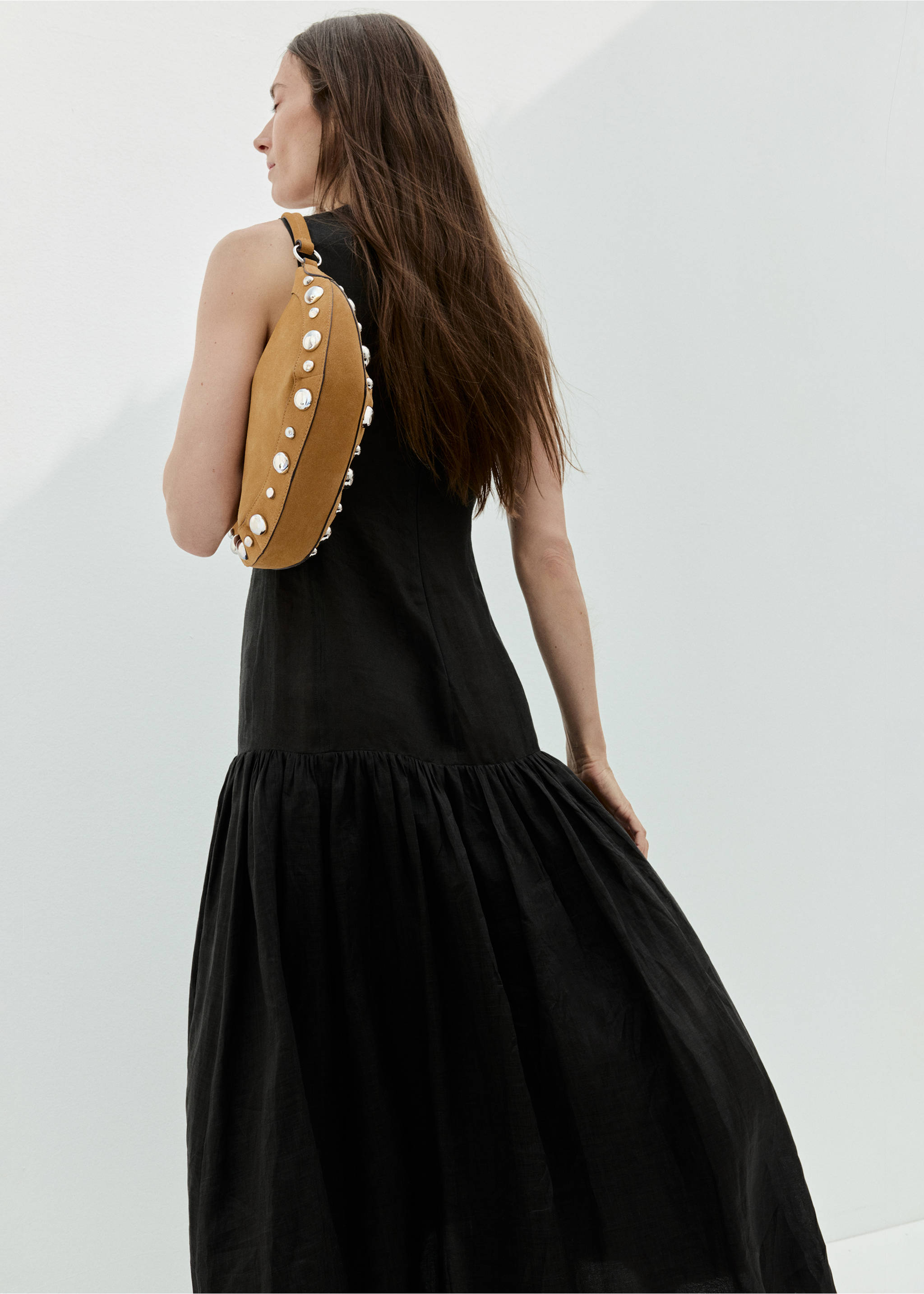 Suede leather studded handbag - Details of the article 9, Mustard. Ref: 17031190-00.