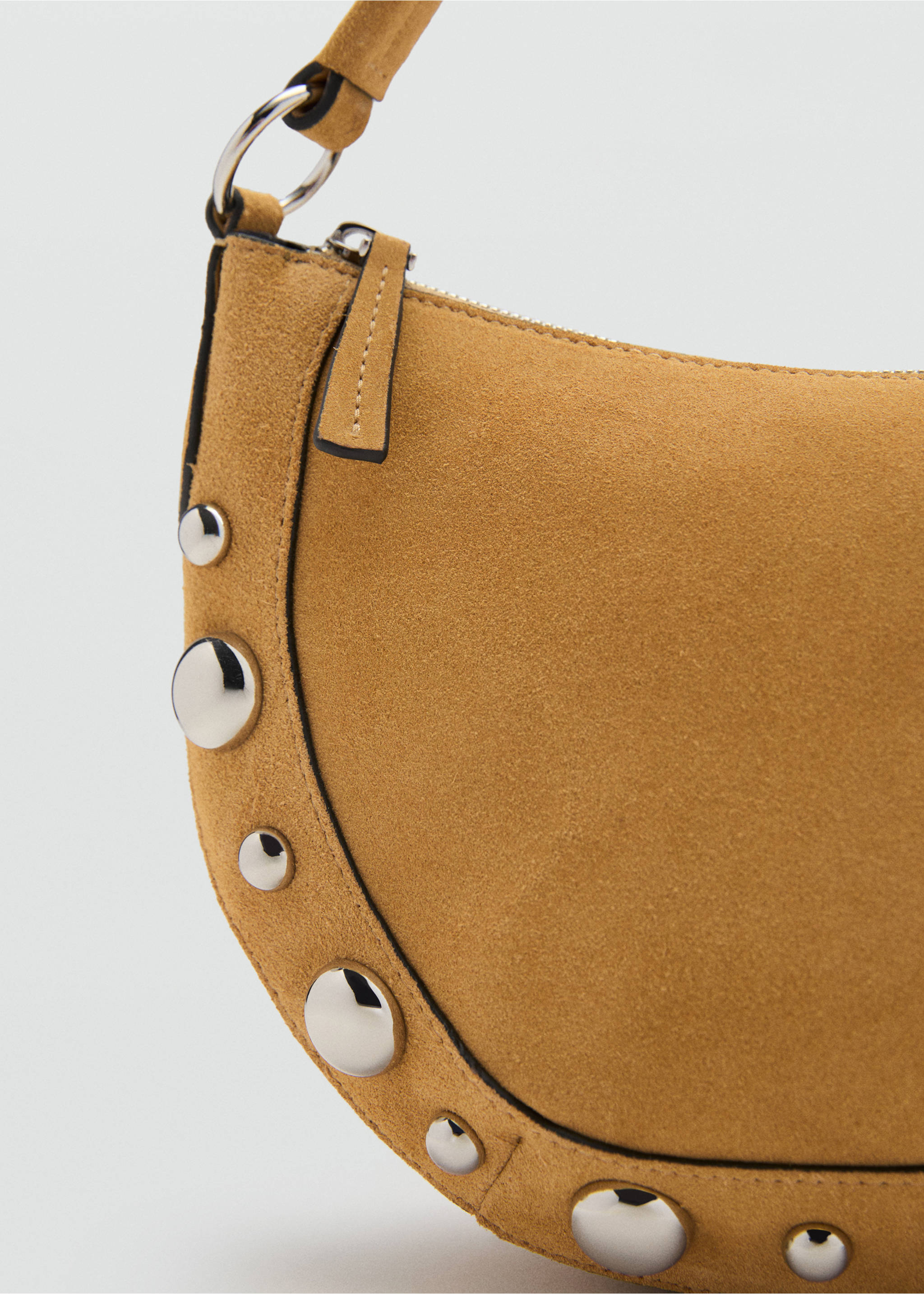 Suede leather studded handbag - Details of the article 2, Mustard. Ref: 17031190-00.