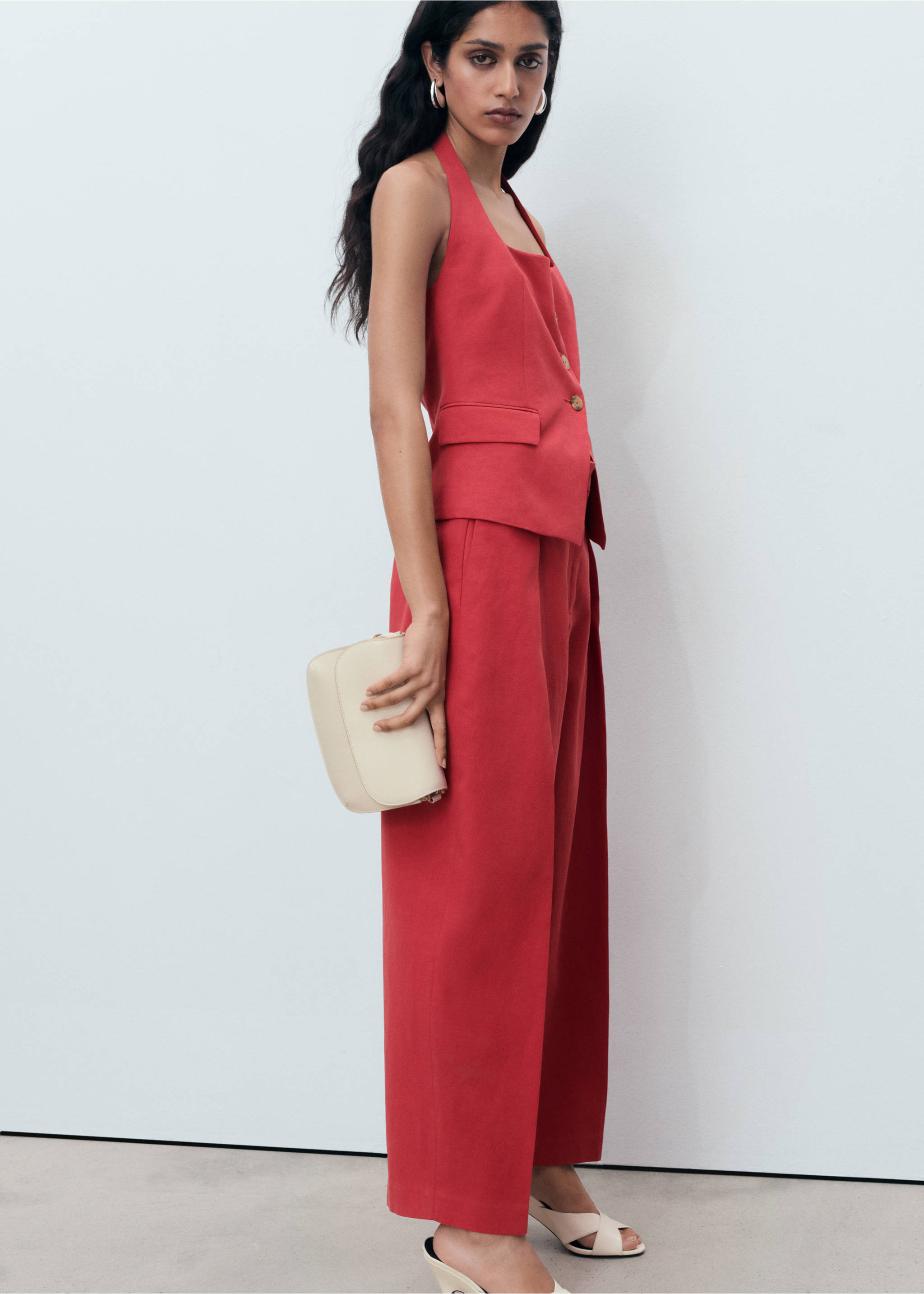 Linen-blend balloon suit trousers - Details of the article 2, Cherry. Ref: 17031206-00.