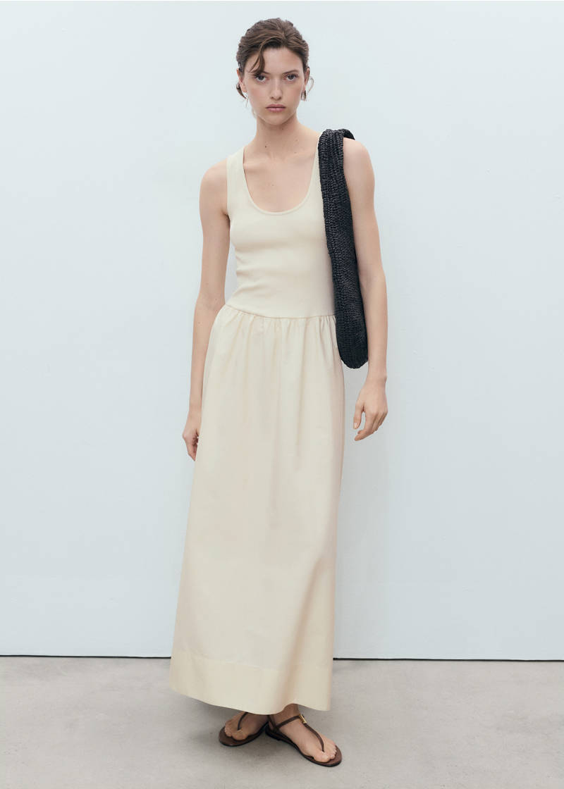 Flared dress in combined fabric - Ecru