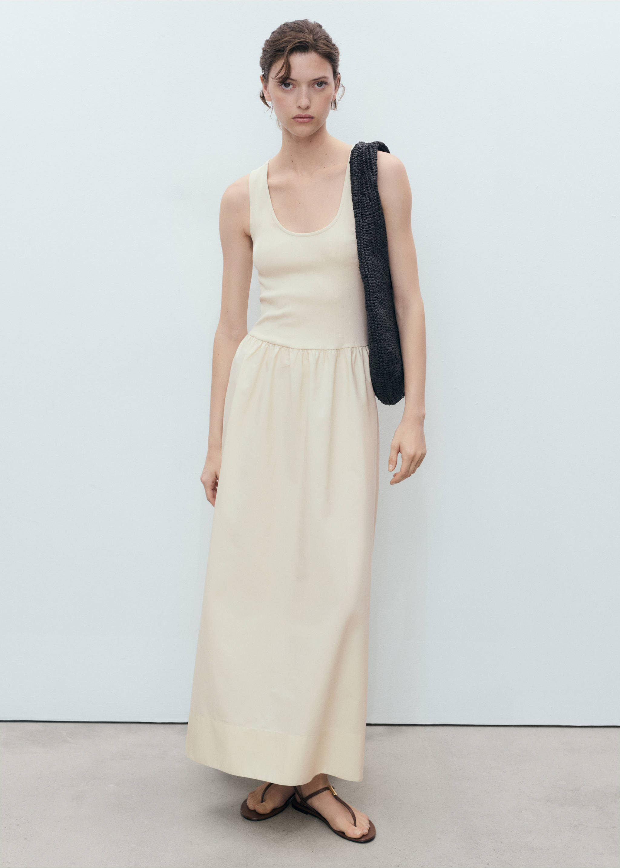 Robe évasée tissu combiné - Plan général, Écru. Ref: 17031219-00.