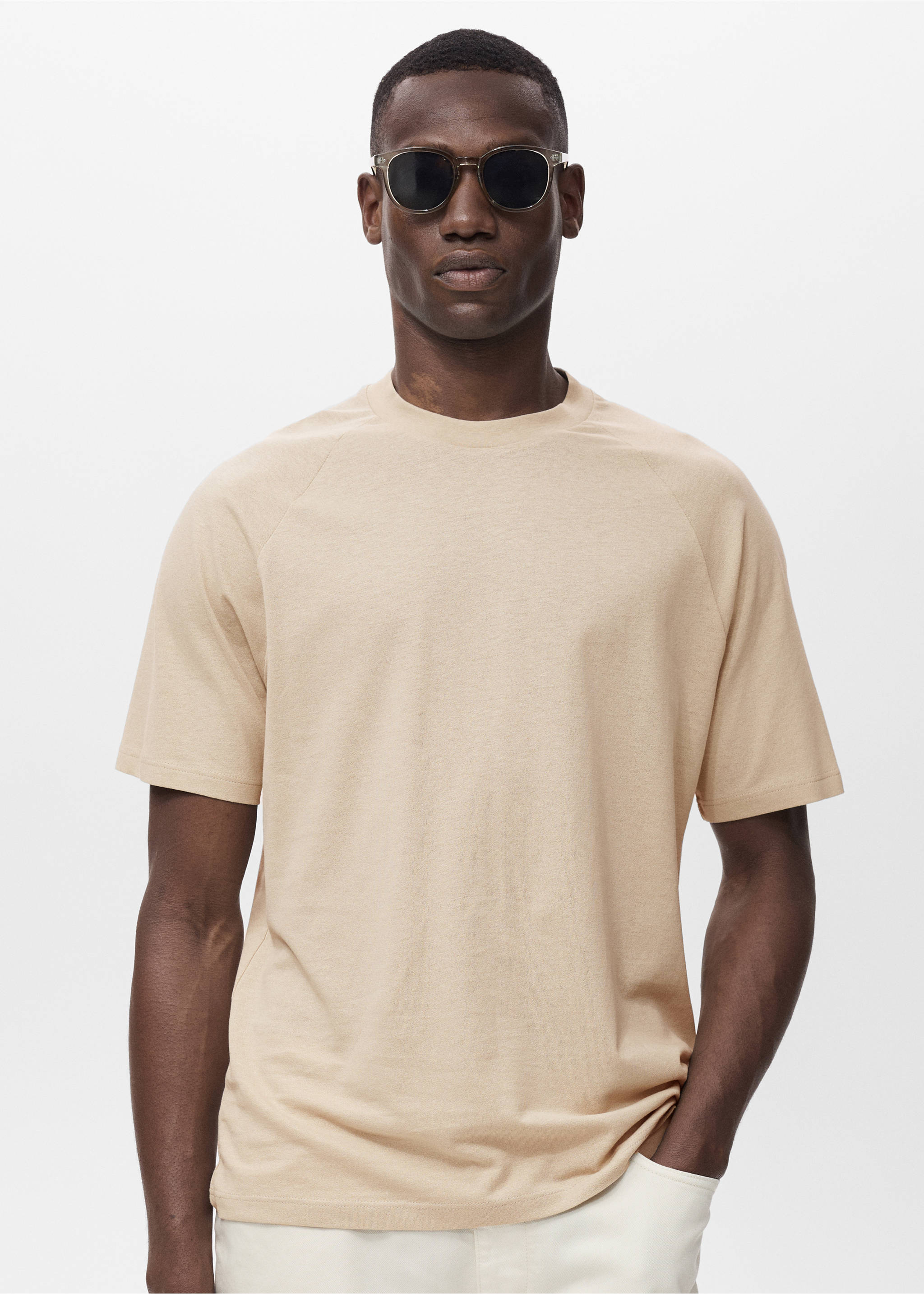 Relaxed-Fit-T-Shirt aus Baumwolle mit Leinen - Mittlere Ansicht, Beige. Ref: 17031231-00.