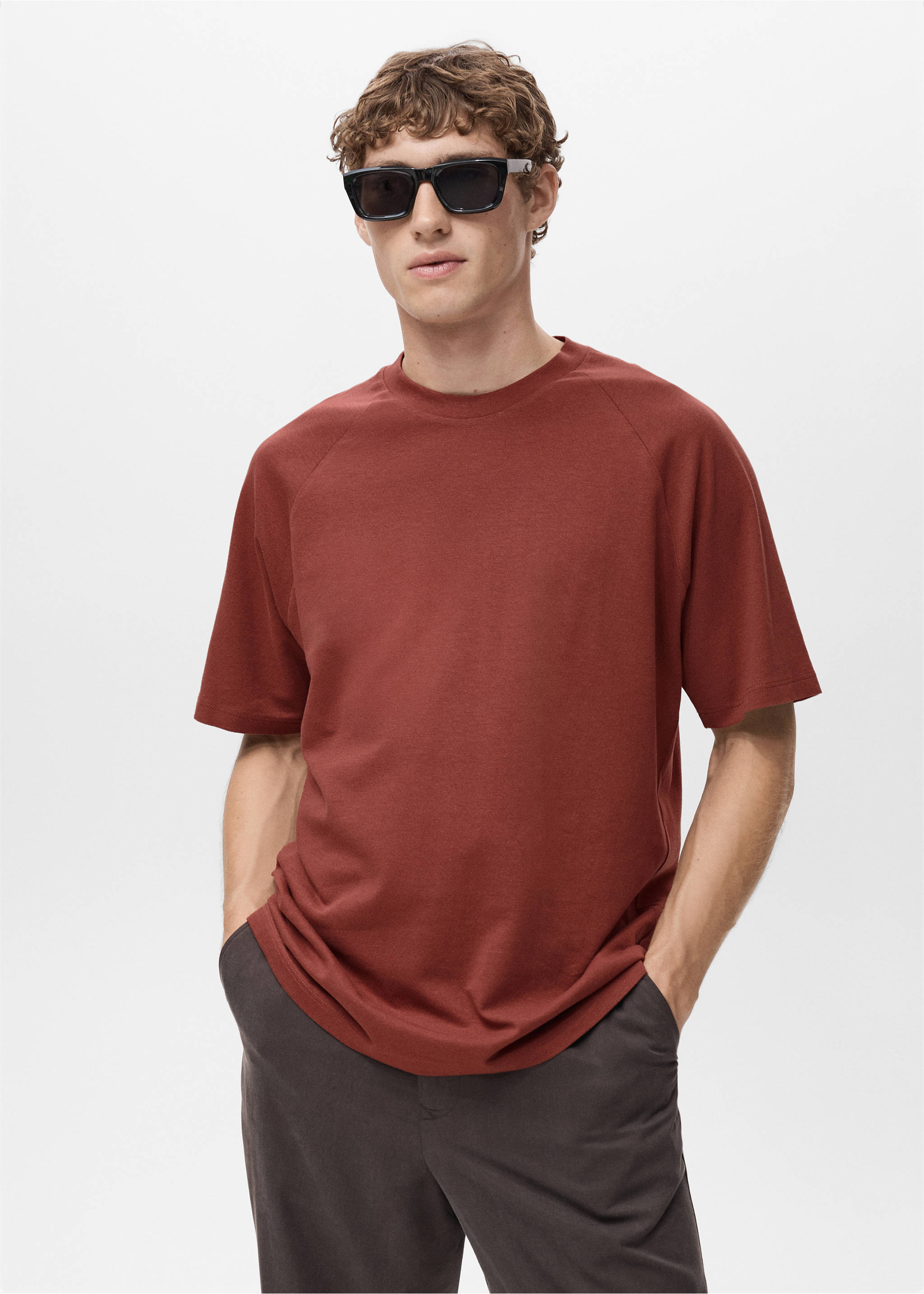 Relaxed-Fit-T-Shirt aus Baumwolle mit Leinen - Mittlere Ansicht, Bräunliches Orange. Ref: 17031231-00.