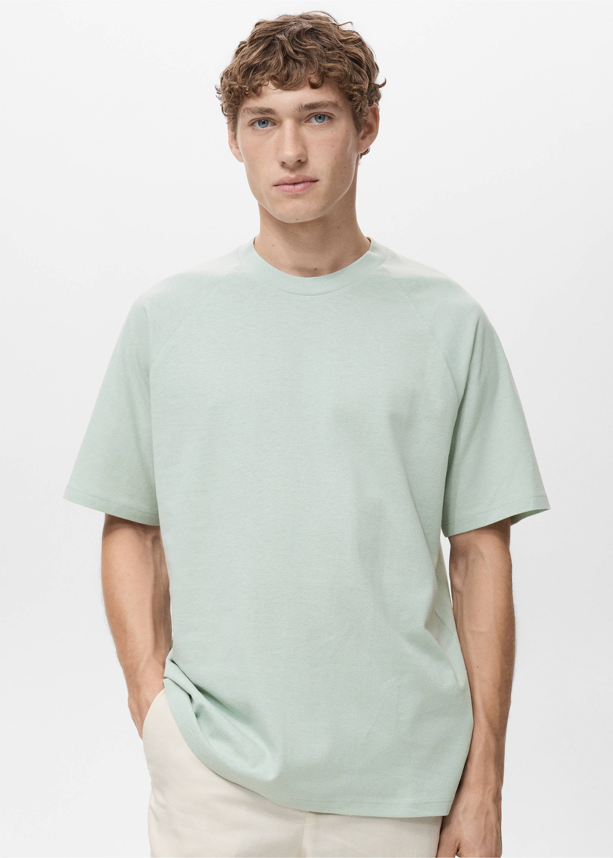 Relaxed-Fit-T-Shirt aus Baumwolle mit Leinen - Mittlere Ansicht, Wassergrün. Ref: 17031231-00.