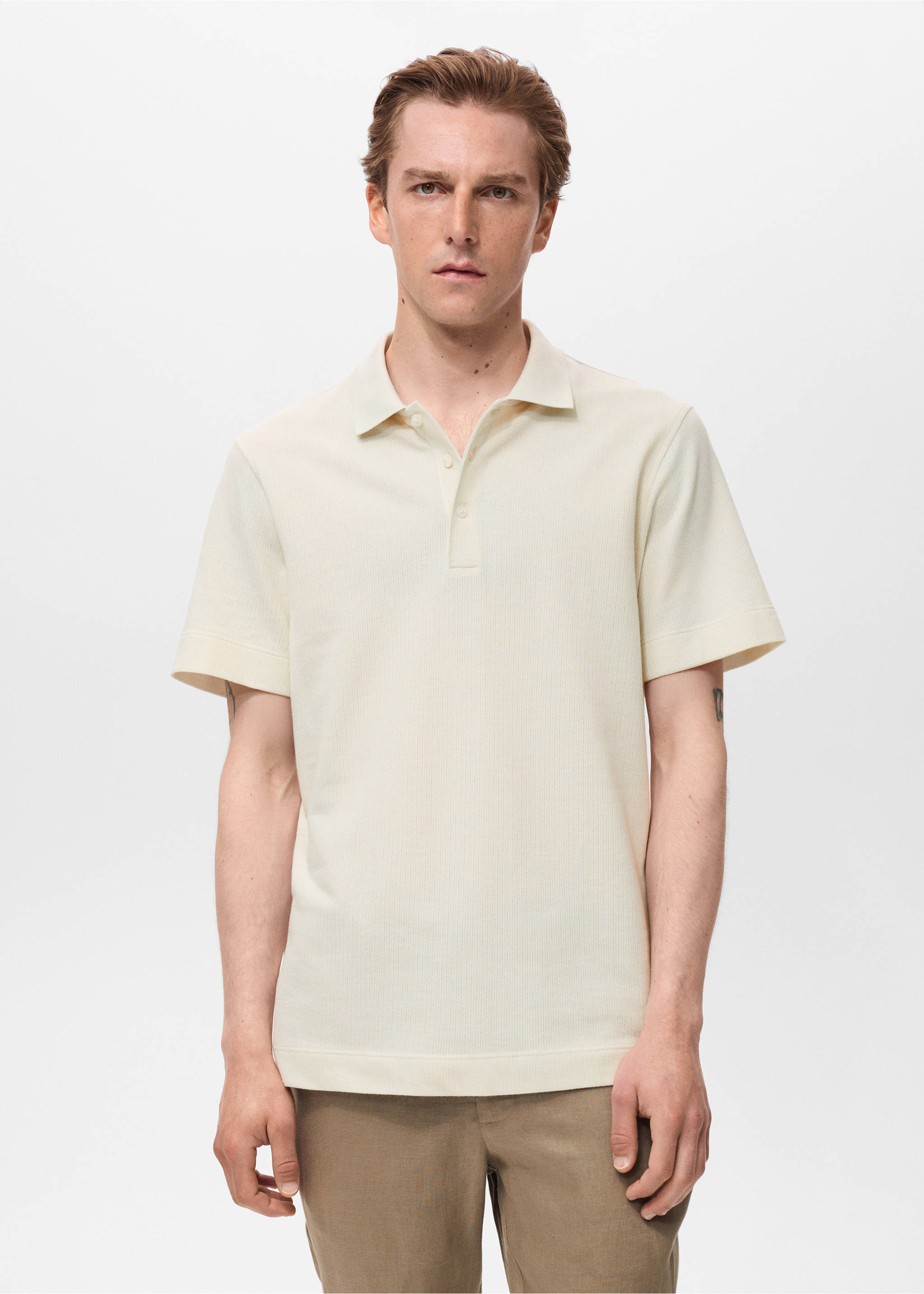 Fine rib-knit polo shirt - Medium plane, Ivory White. Ref: 17031232-00.