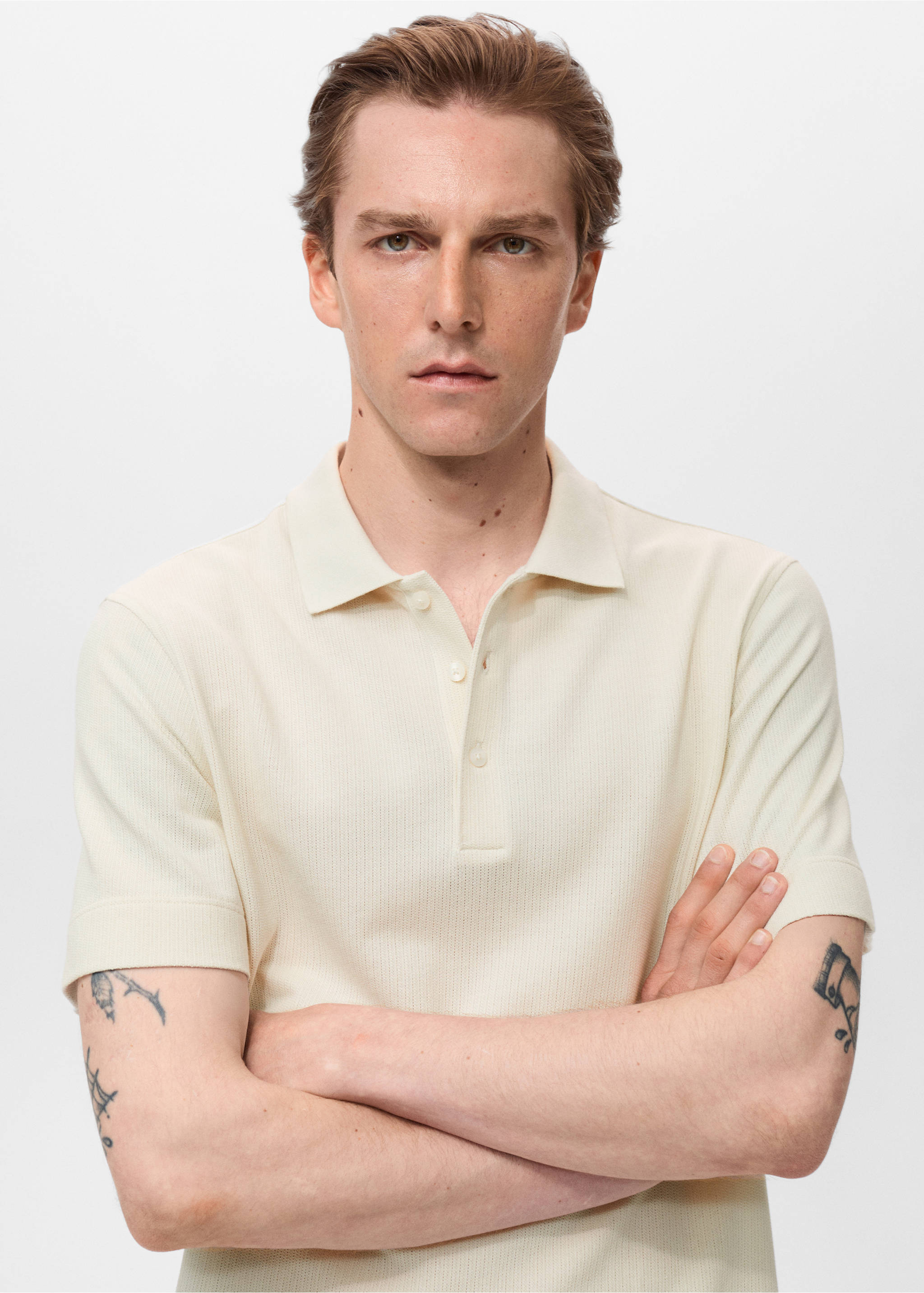 Fine rib-knit polo shirt - Details of the article 1, Ivory White. Ref: 17031232-00.