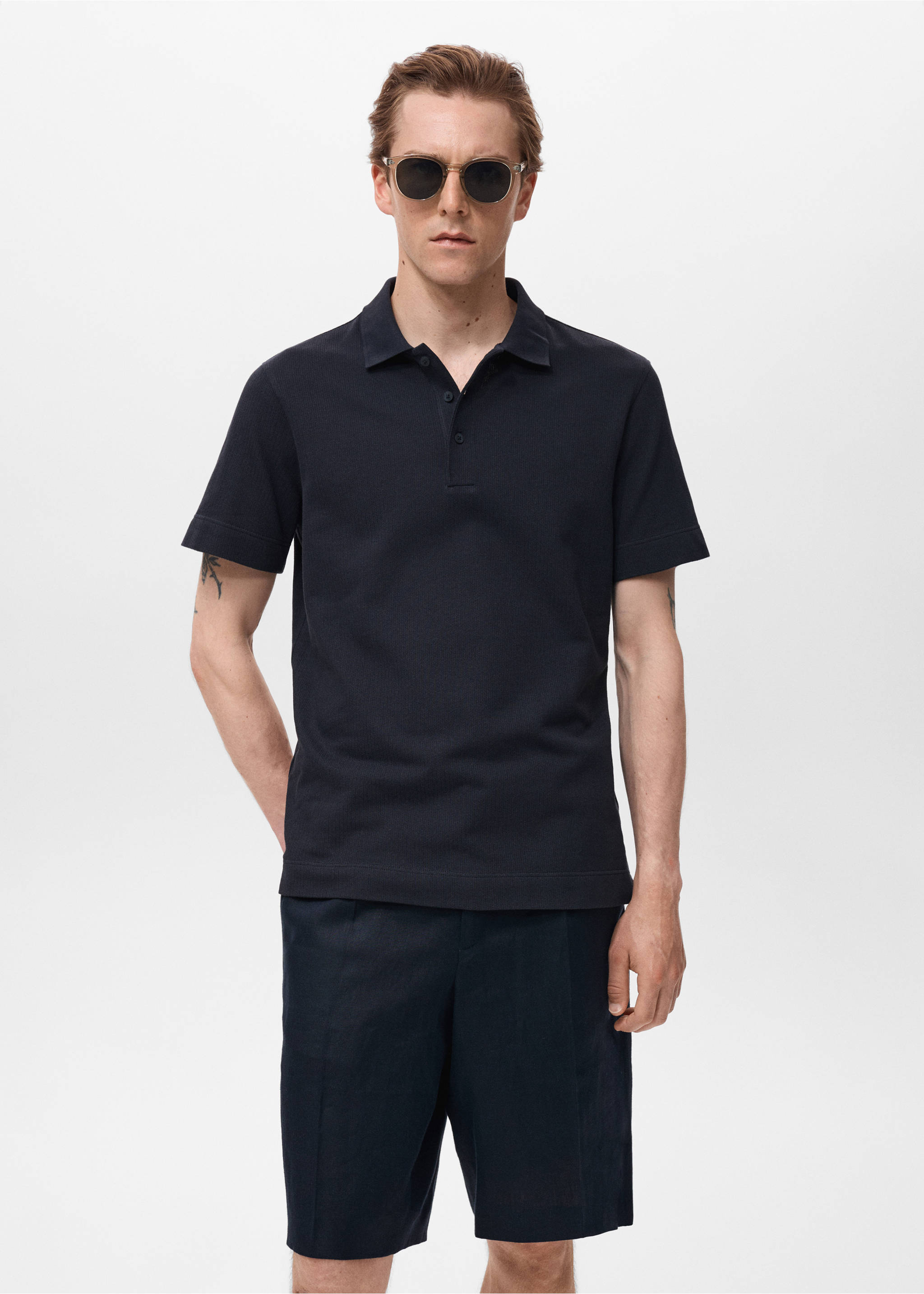 Fine rib-knit polo shirt - Medium plane, Navy. Ref: 17031232-00.