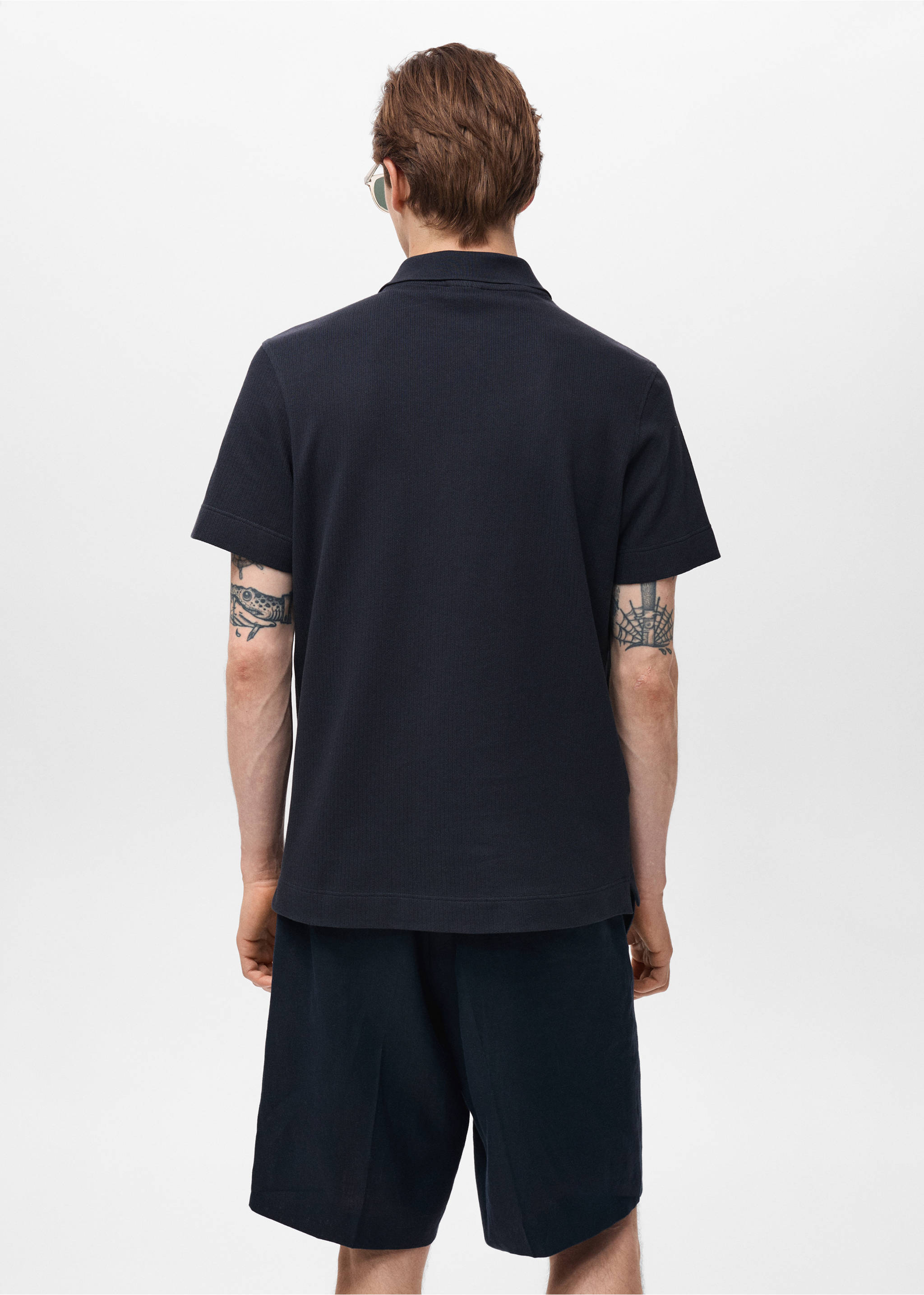 Fine rib-knit polo shirt - Reverse of the article, Navy. Ref: 17031232-00.