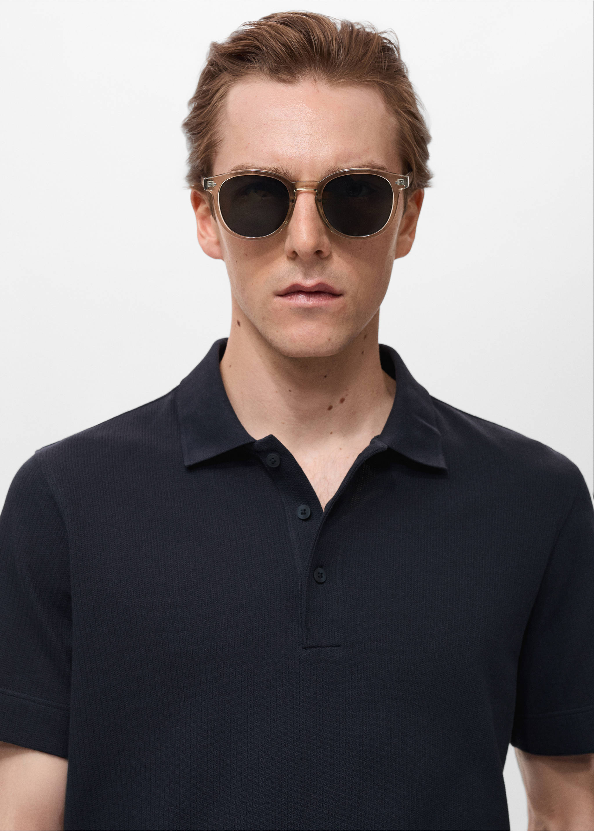 Fine rib-knit polo shirt - Details of the article 1, Navy. Ref: 17031232-00.