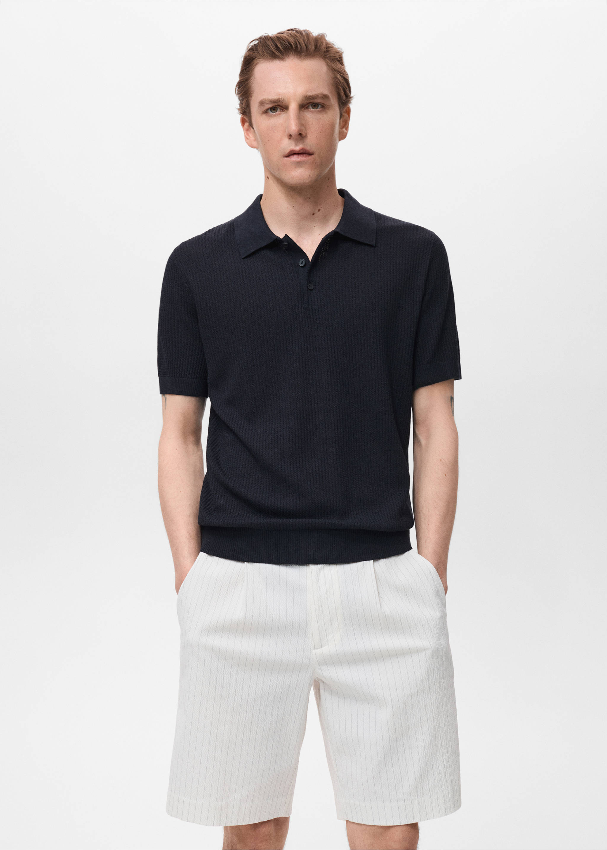 Polo maille côtelée - Plan moyen, Bleu marine. Ref: 17031246-00.