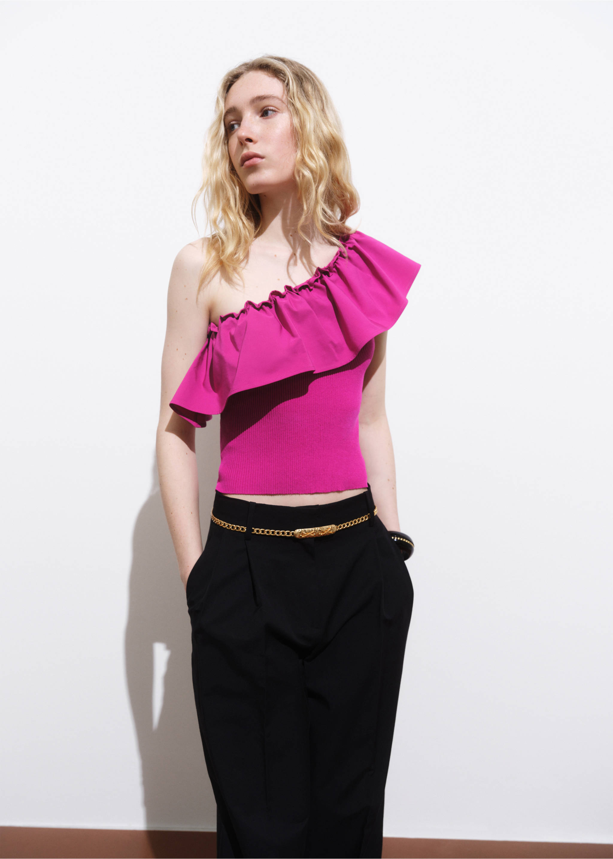 Asymmetrical top in combined fabric - Medium plane, Fuchsia. Ref: 17031263-00.