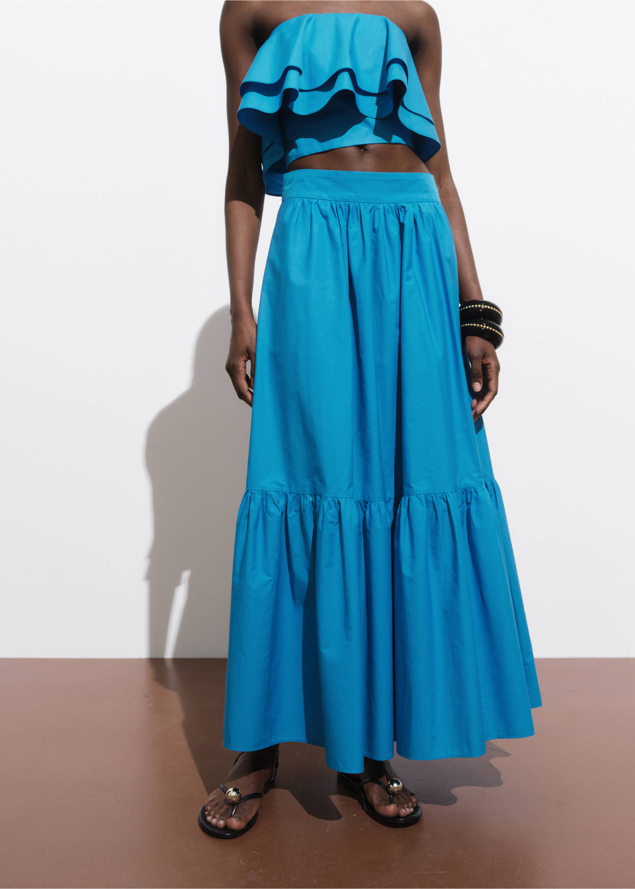 Long cotton A-line skirt - Medium plane, Blue. Ref: 17031272-00.