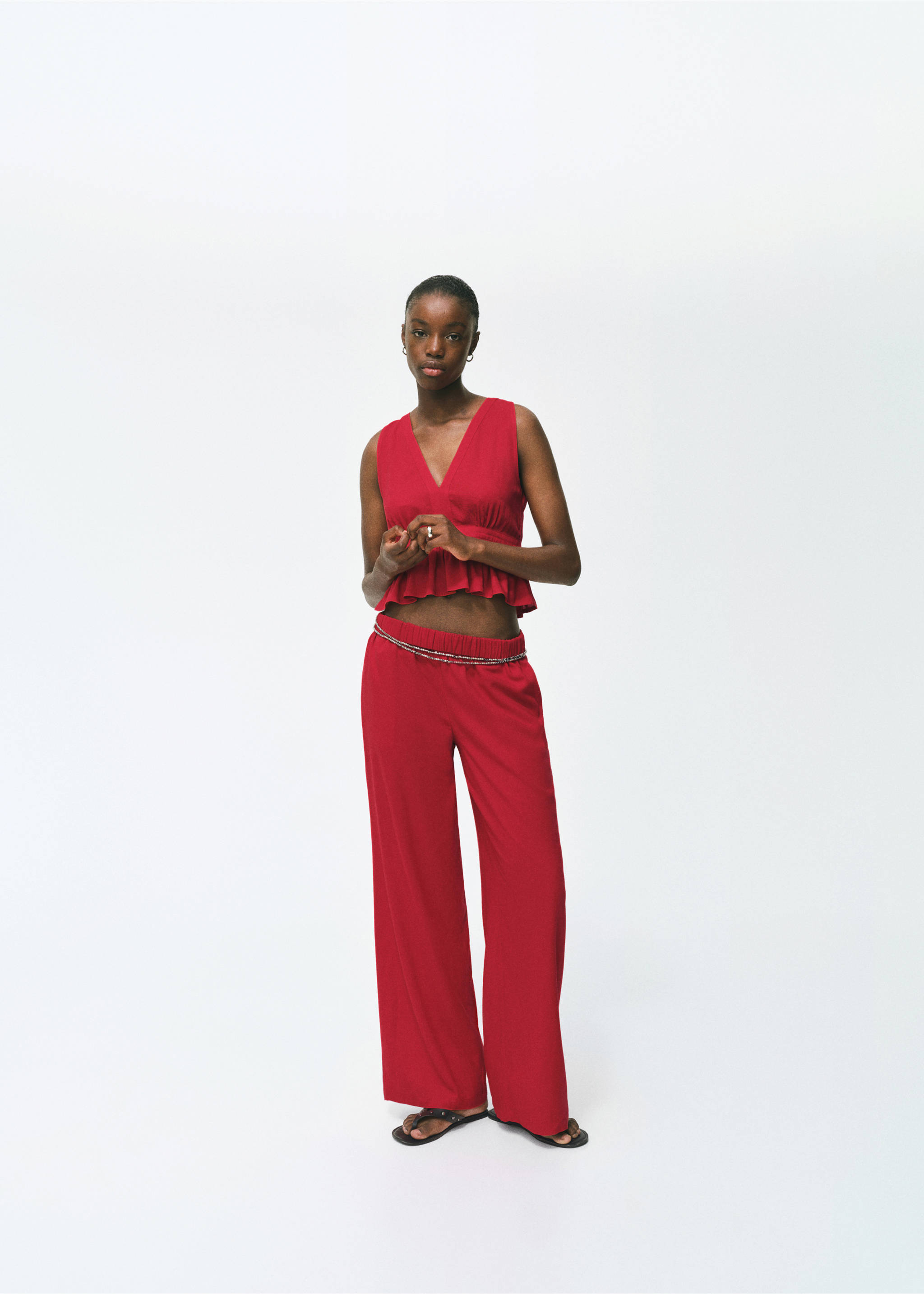 Linen trousers with elastic waistband - General plane, Red. Ref: 17032534-00.